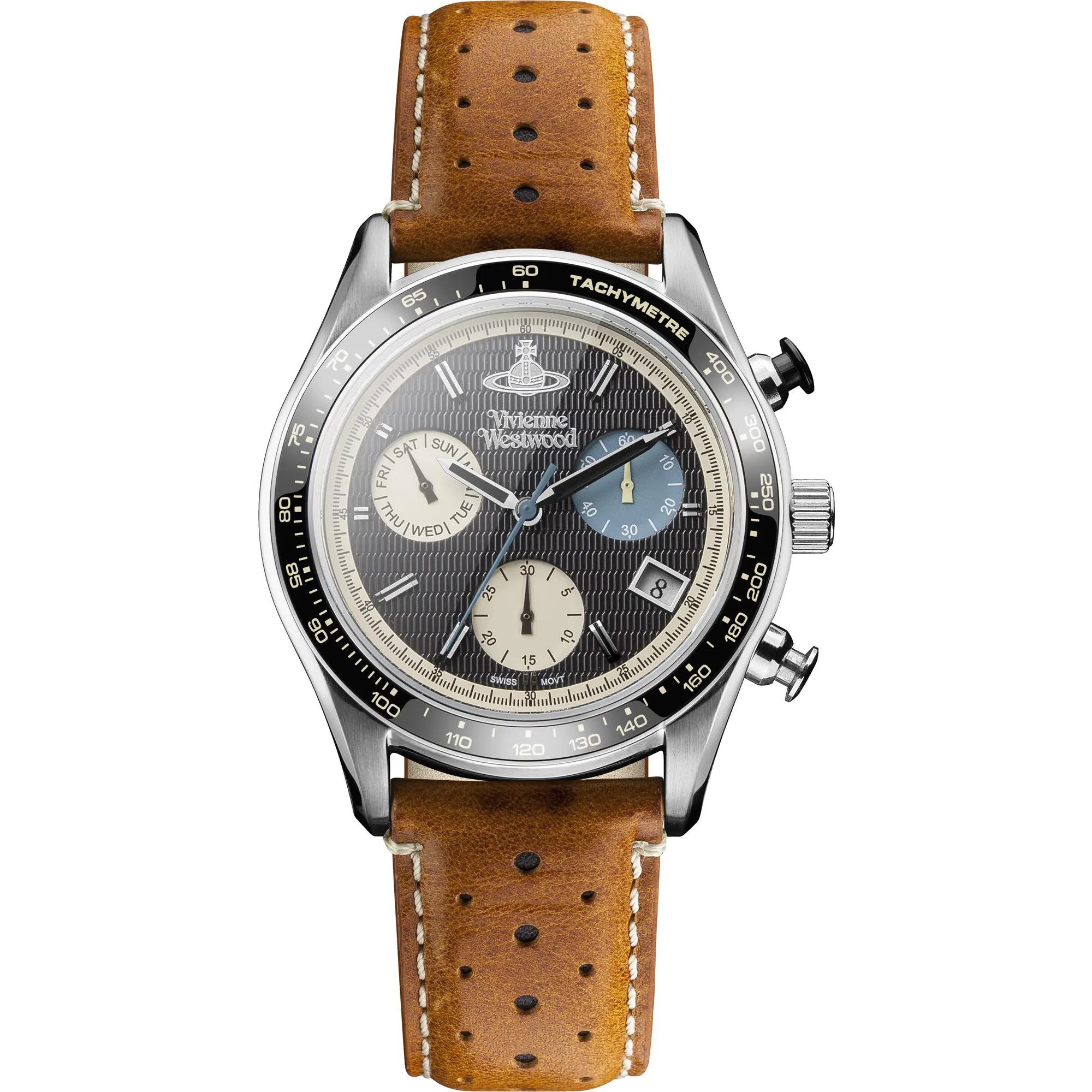 Vivienne Westwood Sotheby Brown Leather Strap Stainless Steel Black Dial Men's Watch VV142BKTN - WatchNation