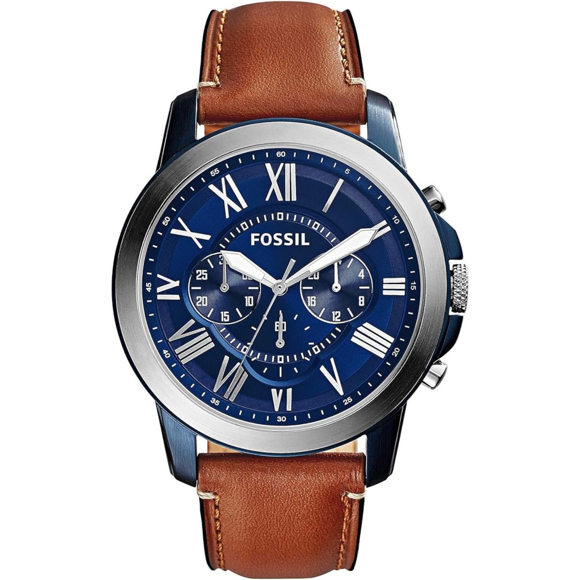 Fossil Grant 44mm Chronograph Blue Dial Leather Mens Quartz Watch FS5151