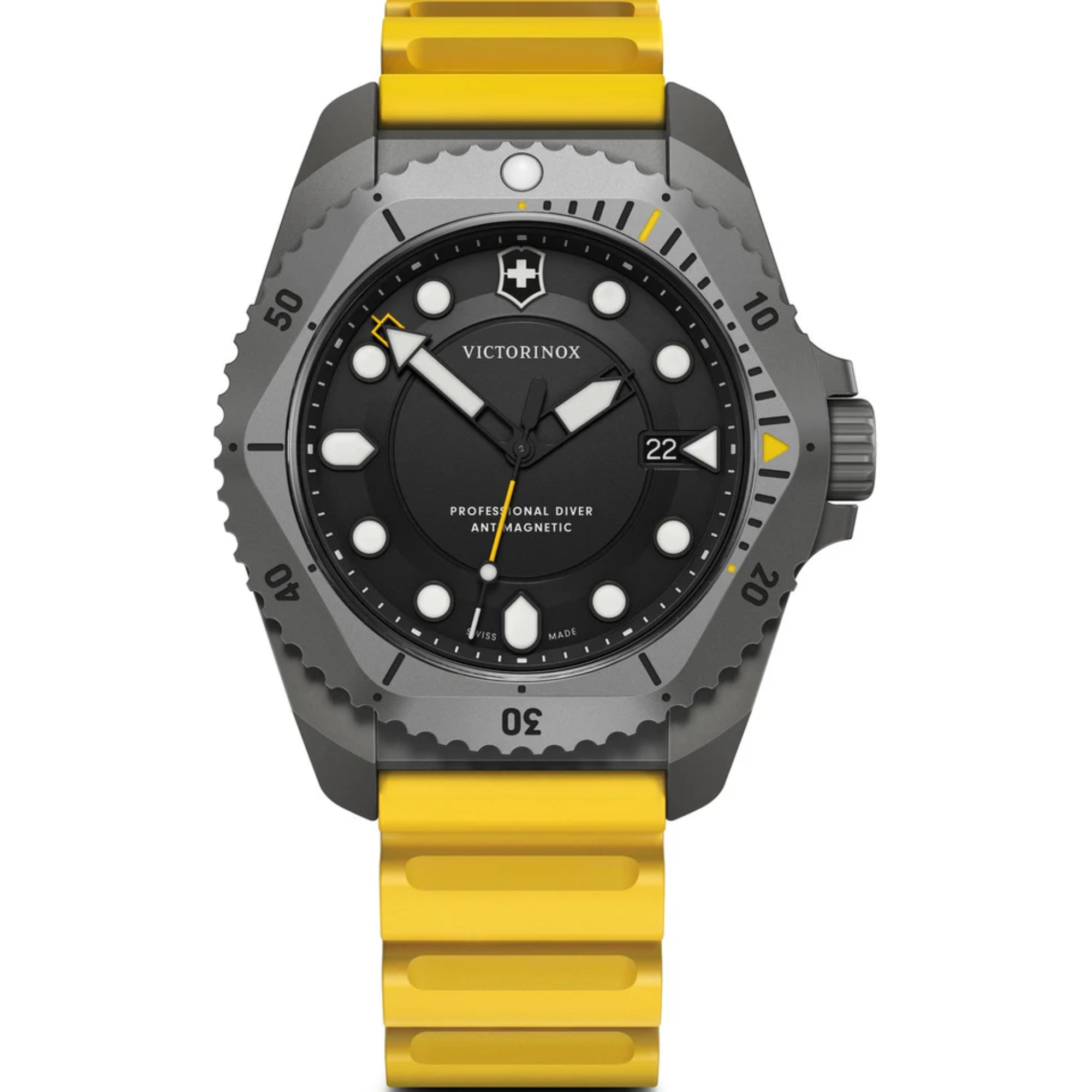 Victorinox Dive Pro 43mm Quartz titanium black dial yellow rubber watch 241992 front view