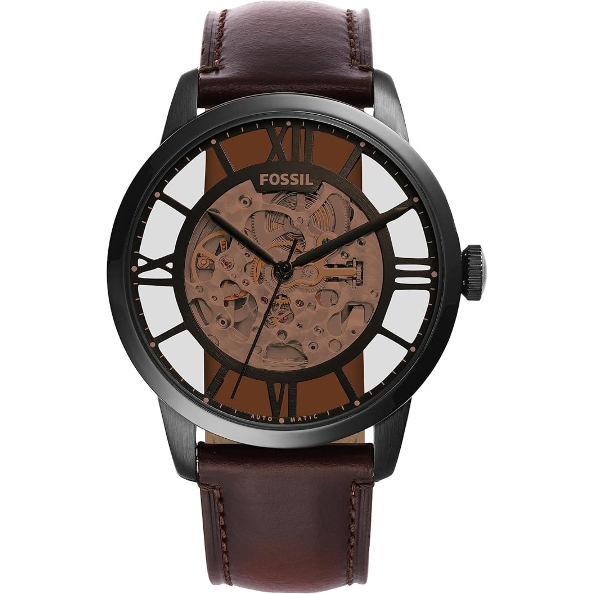 Fossil Townsman 44mm Skeleton Braunes Zifferblatt Leder Herren Automatik Uhr ME3098