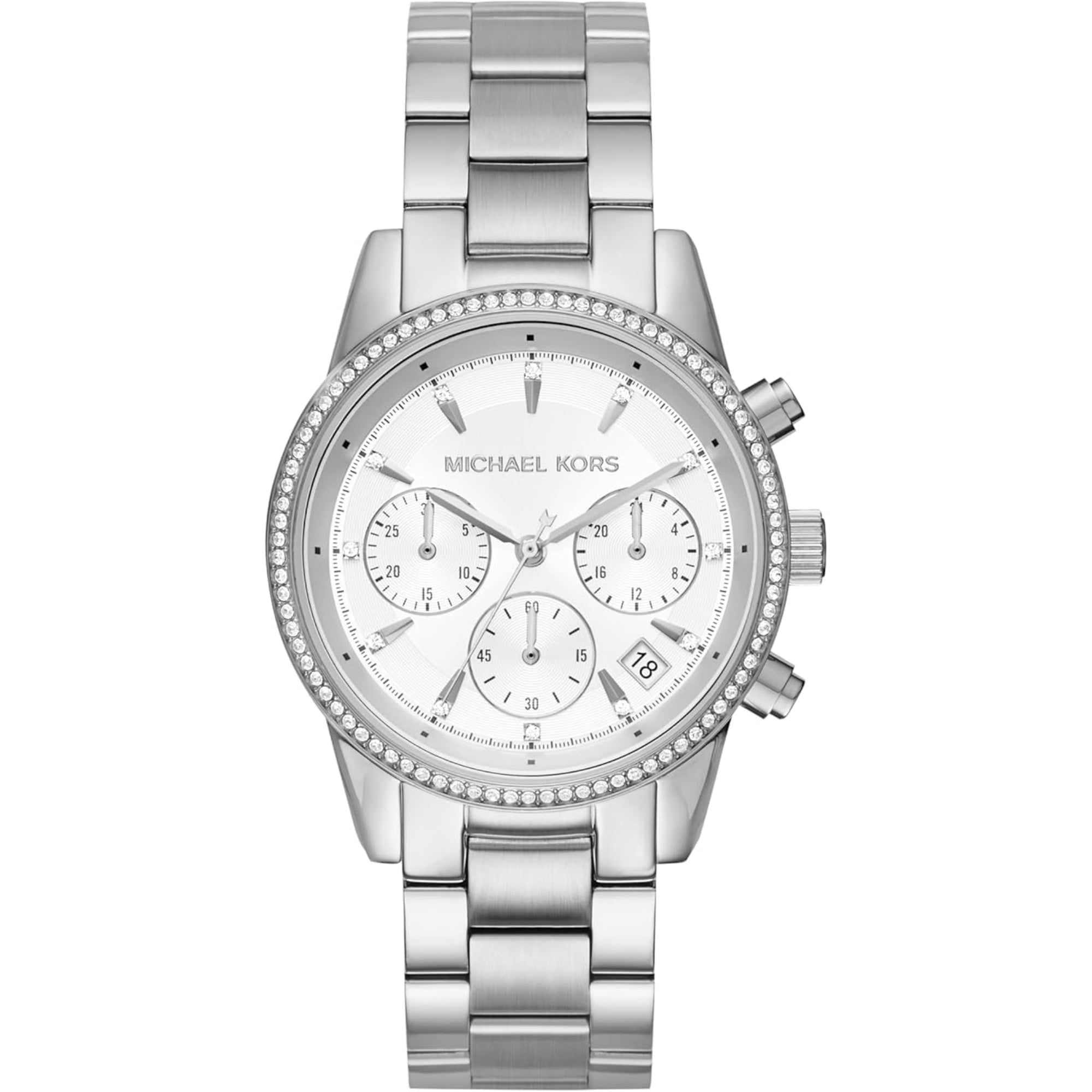 Michael Kors Bryant Chronograph Silbernes Zifferblatt Edelstahlarmband Silbernes Zifferblatt Damenuhr MK6428