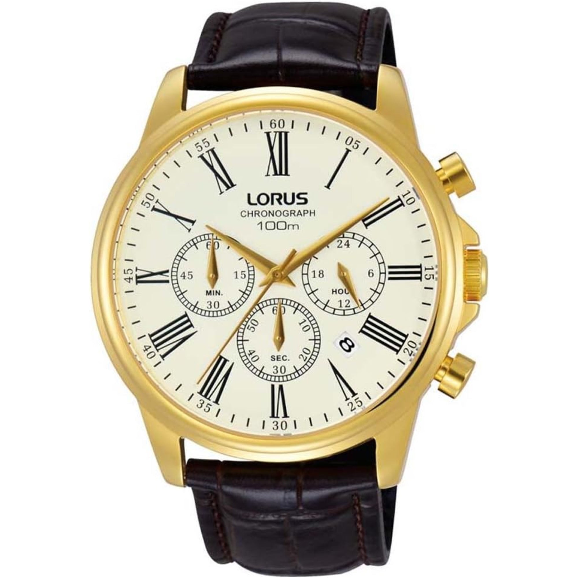 Lorus Sports Cream Dial Black Leather Strap White Dial Men's Chronograph RT396FX9 - WatchNation