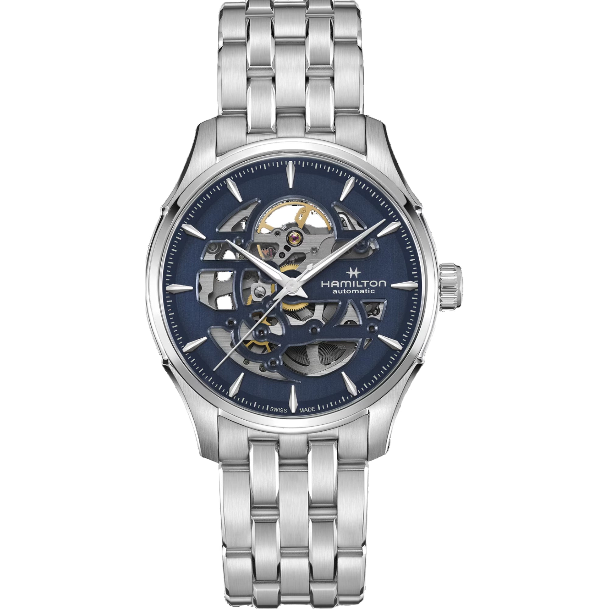 Hamilton Jazzmaster 40mm Skeleton blue cut-out dial steel bracelet automatic watch H42535141 front view