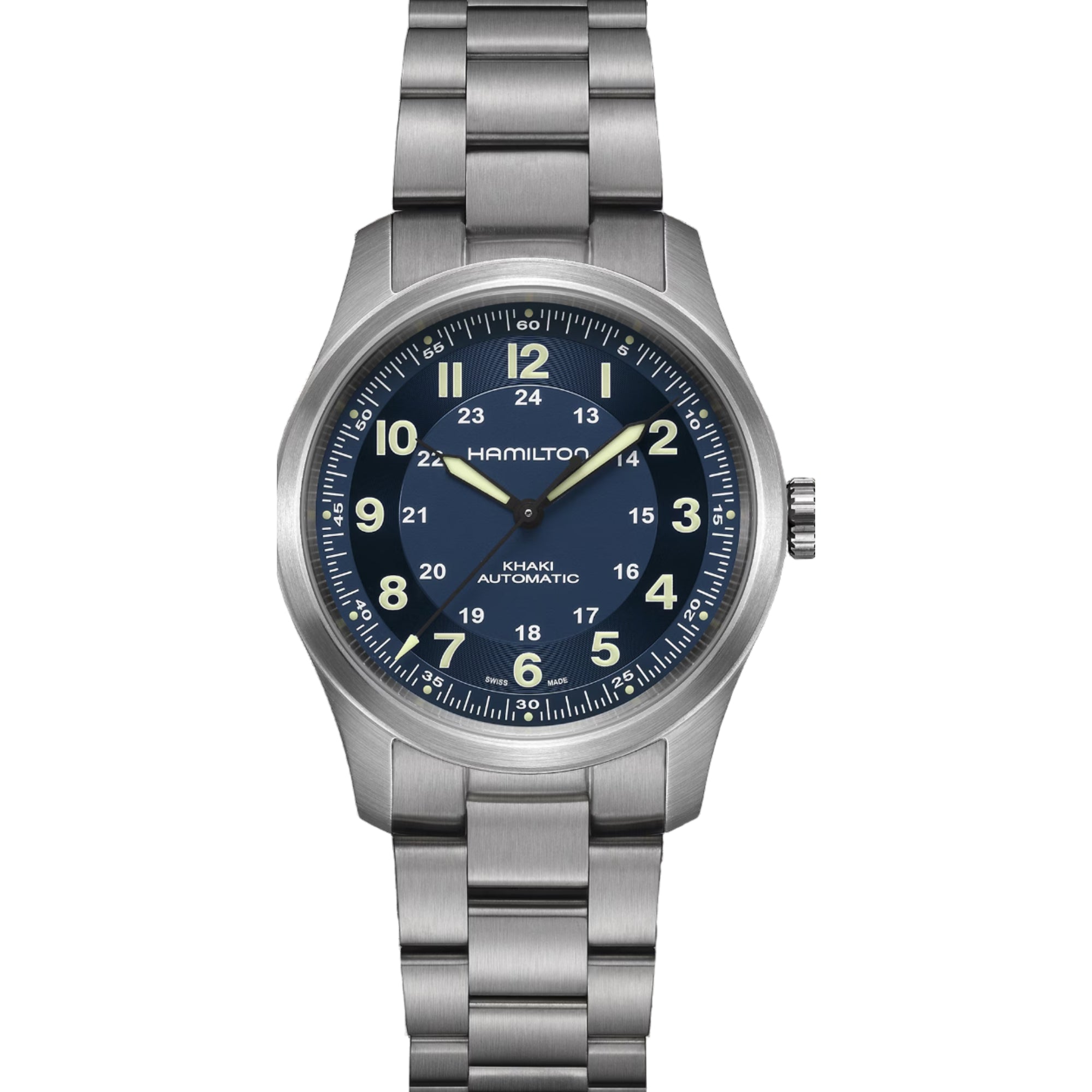 Hamilton Khaki Field 38mm Titanium blue dial titanium bracelet automatic watch H70205140 front view