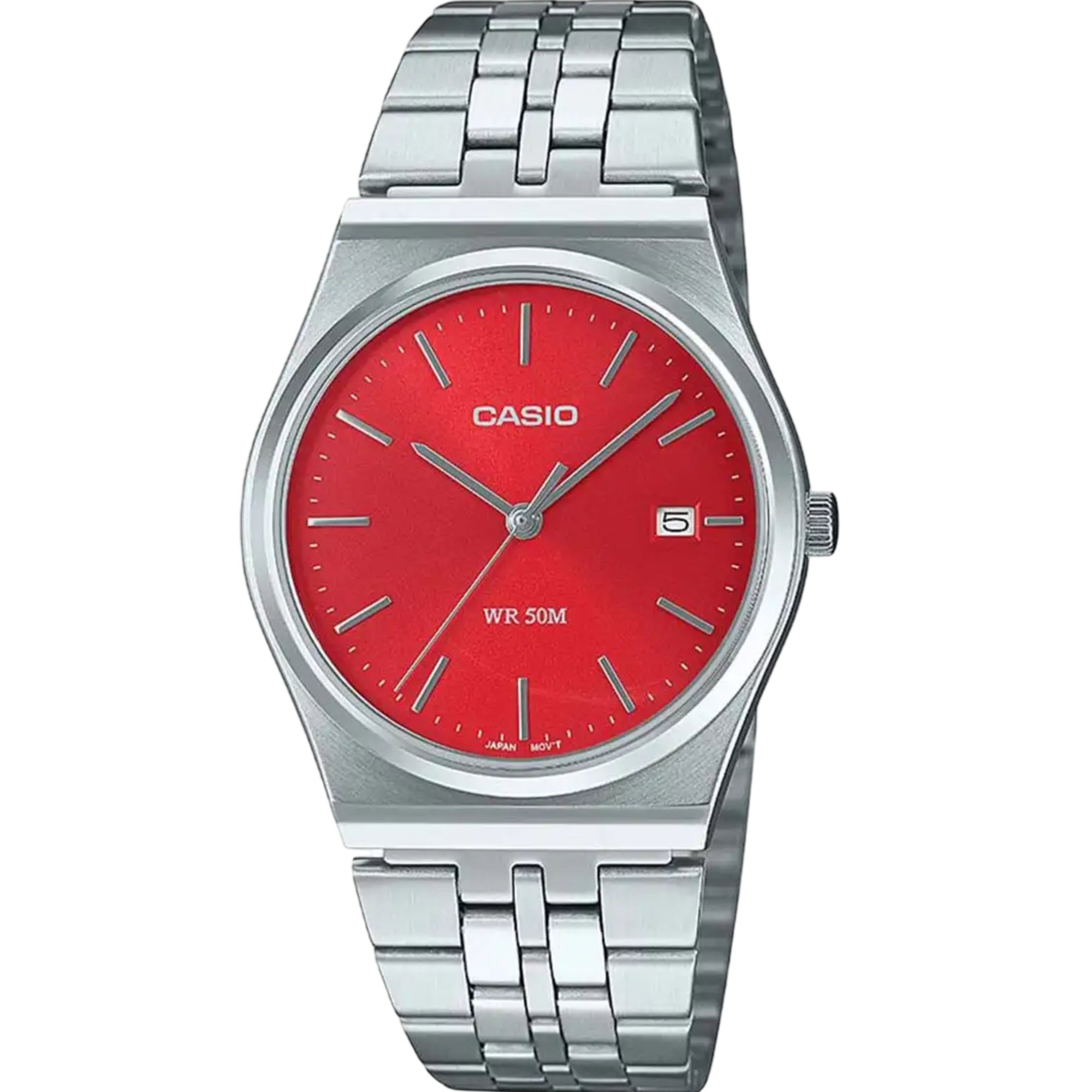 Casio MTP Serie Standard Rotes Zifferblatt Edelstahlarmband Herren Uhr MTP-B145D-4A2VEF