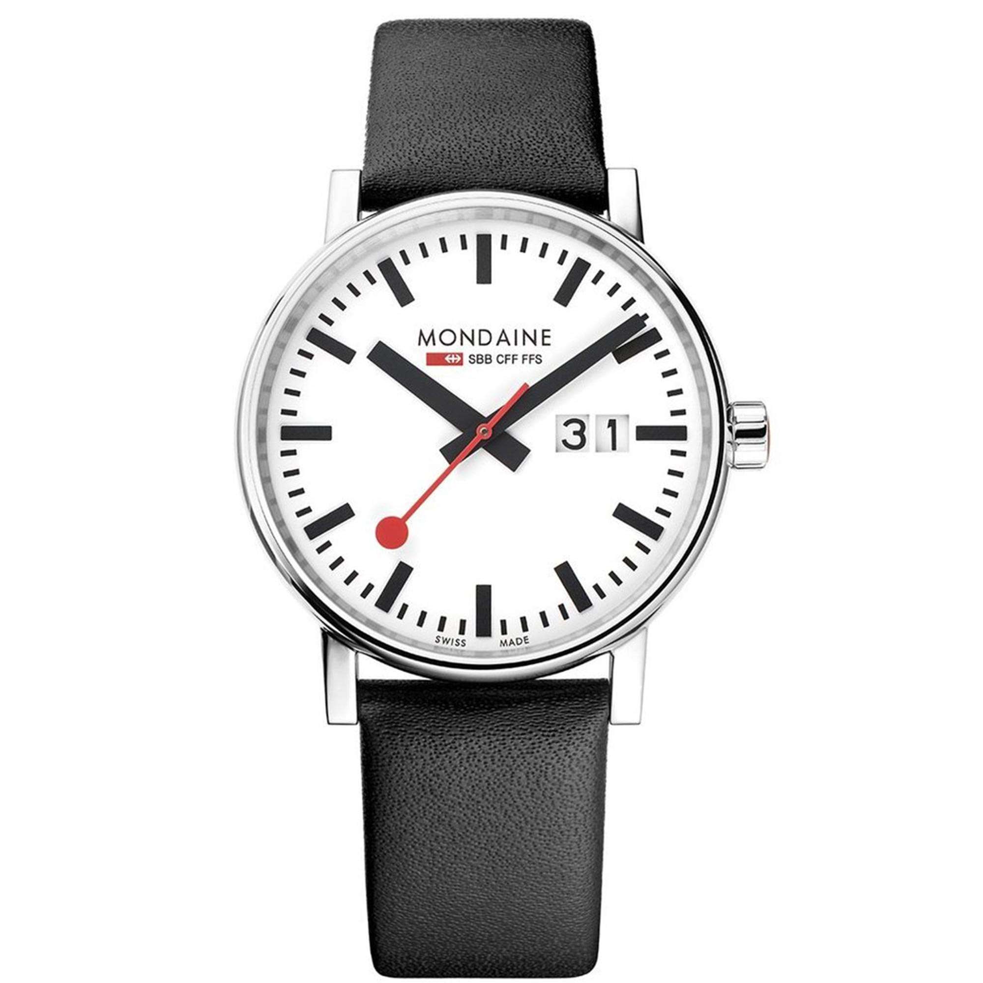 Mondaine evo2 Big Schwarzes Lederarmband Weißes Zifferblatt Uhr MSE.40210.LB