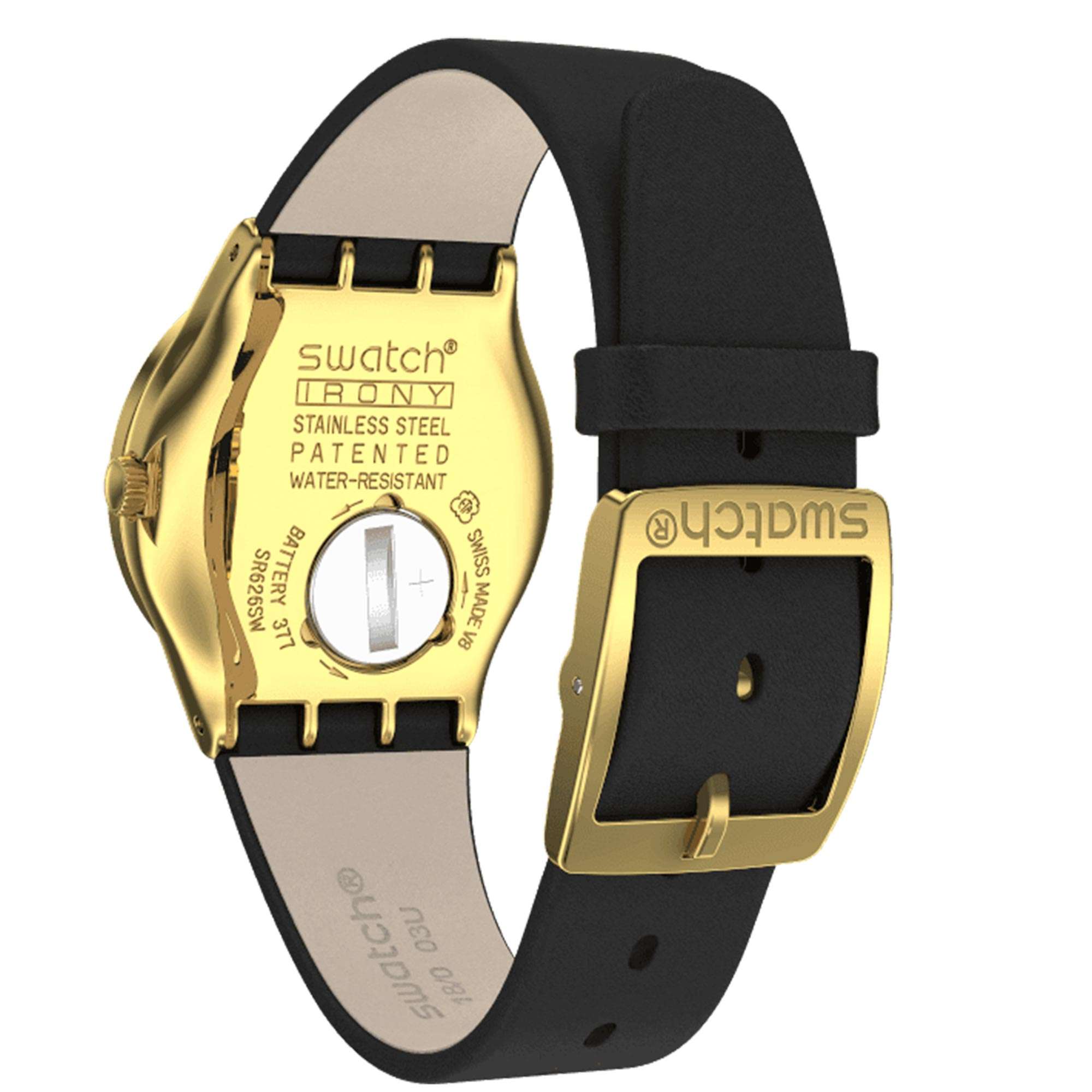 Swatch Goldy Show Quartz Schwarzes Zifferblatt Lederarmband Damen Uhr YLG141