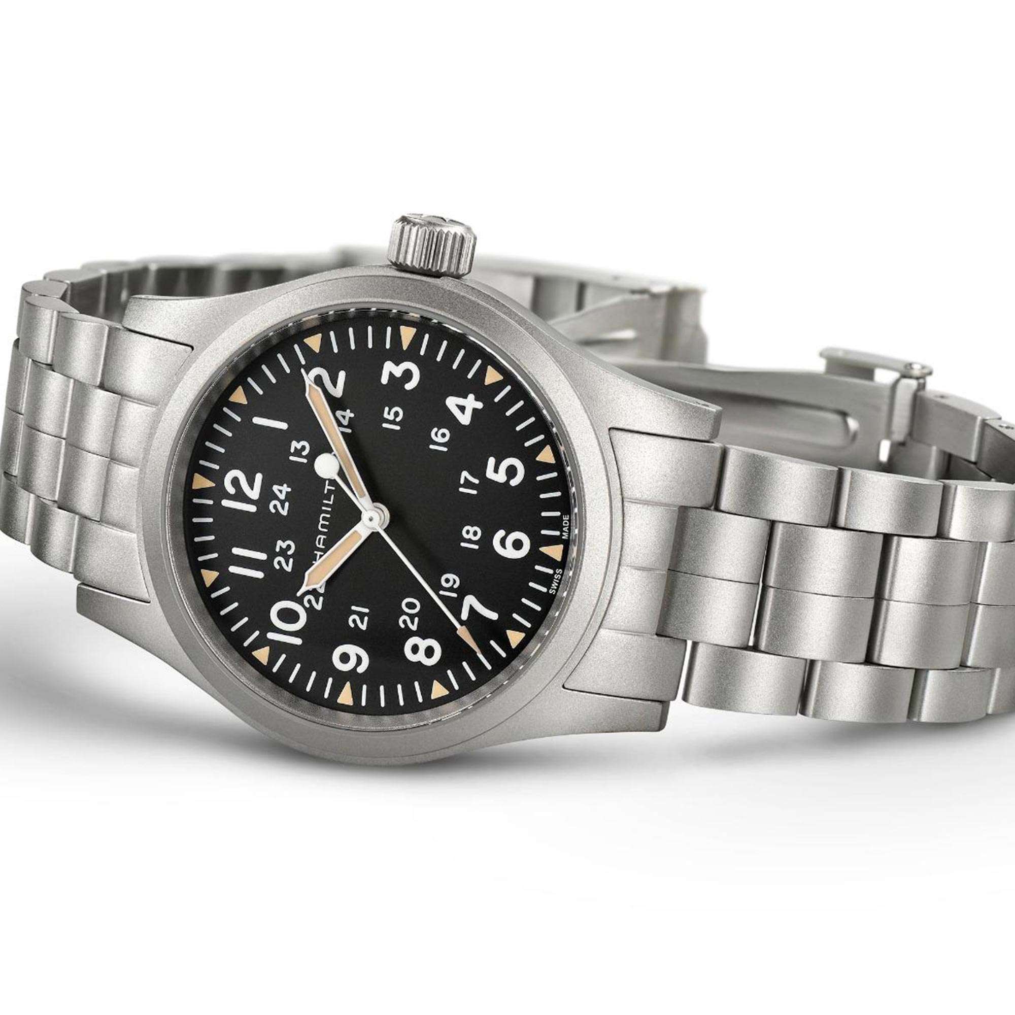 Hamilton Khaki Field H69439131 black dial with Arabic numerals and 24-hour inner scale on white background