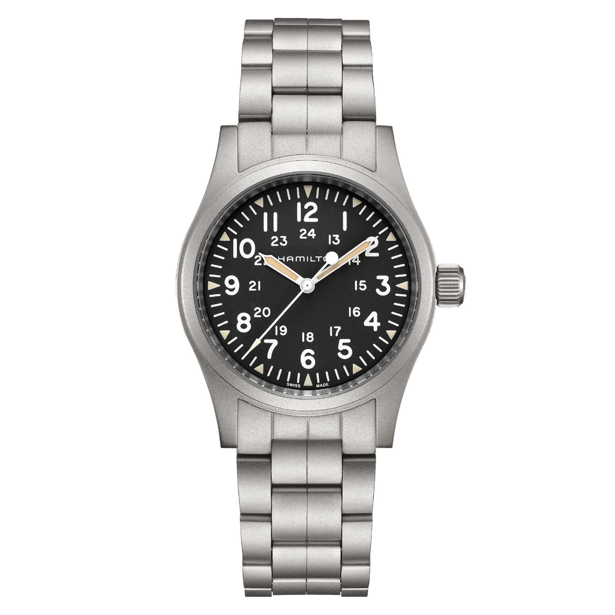 Hamilton Khaki Field H69439131 mechanical black dial steel strap unisex watch front view
