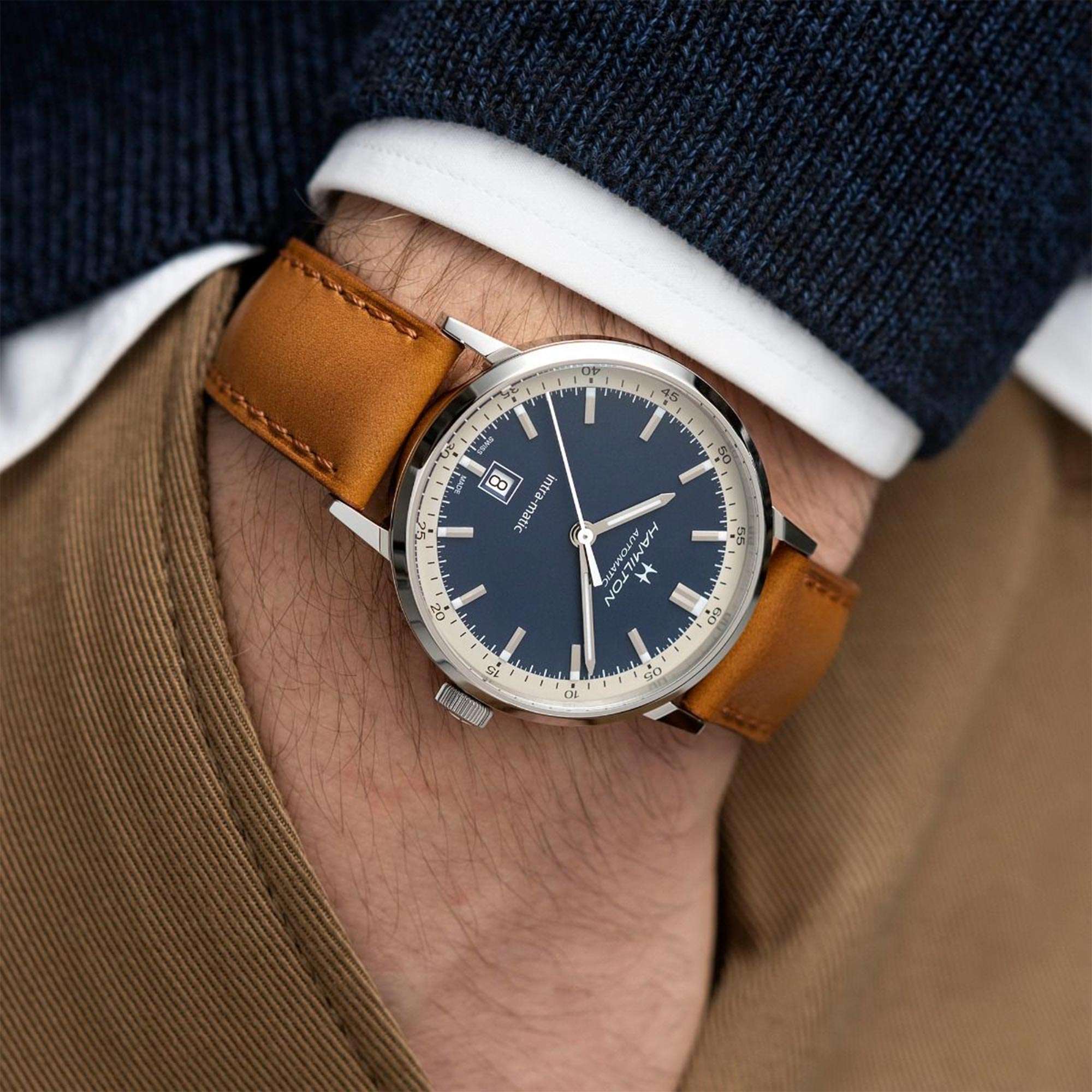 Hamilton American Classic 40mm Blaues Zifferblatt Leder Herren Automatik Uhr H38425540