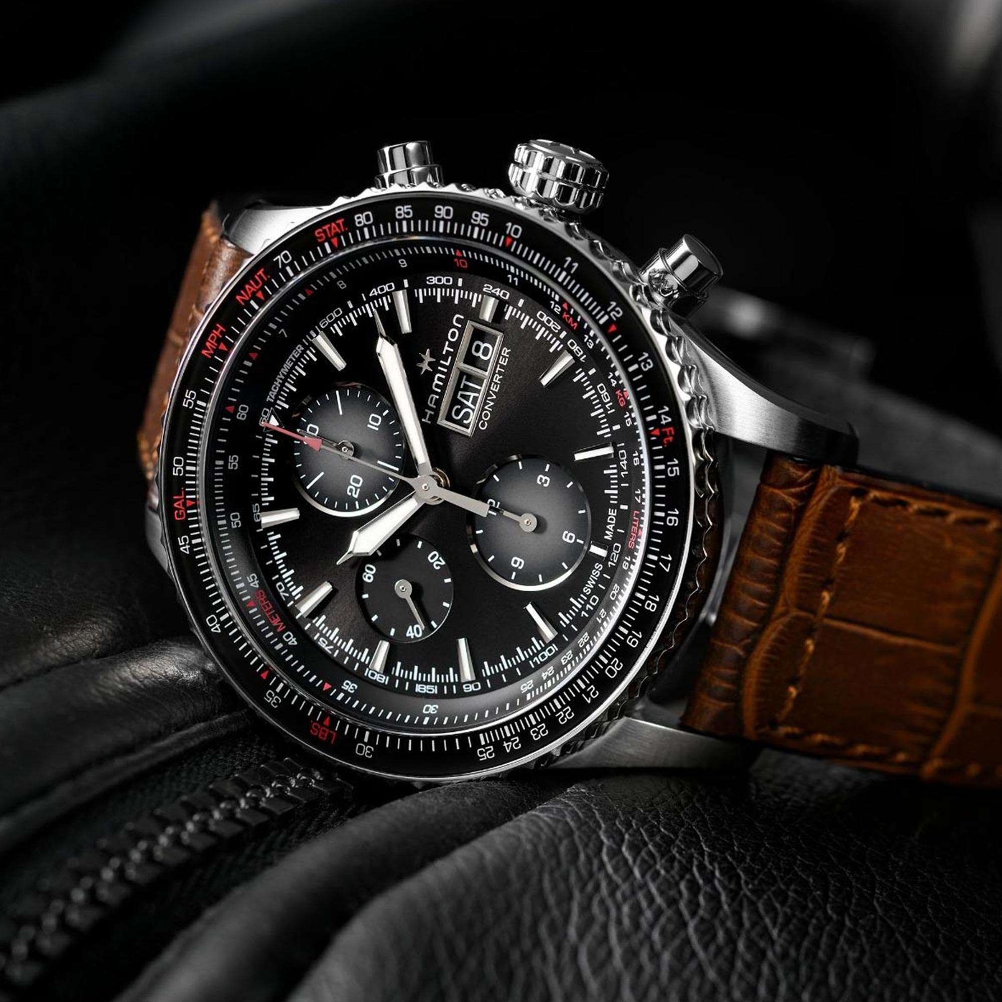 Hamilton Khaki Aviation 44mm Chronograph Black Dial Leather Mens Automatic Watch H76726530