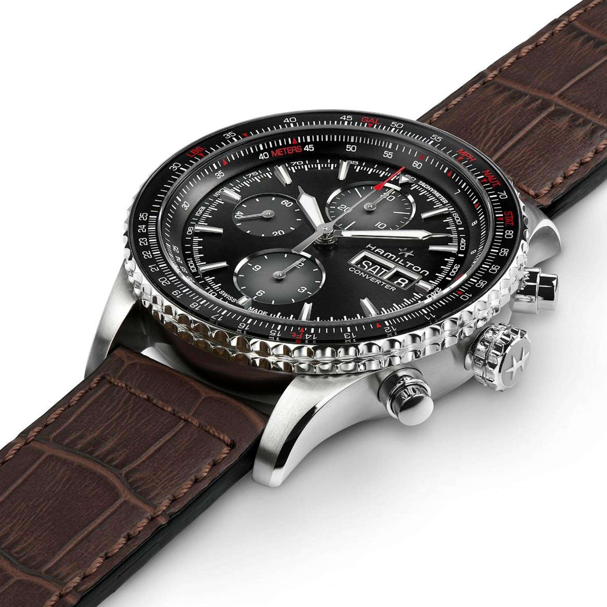 Hamilton Khaki Aviation 44mm Chronograph Black Dial Leather Mens Automatic Watch H76726530