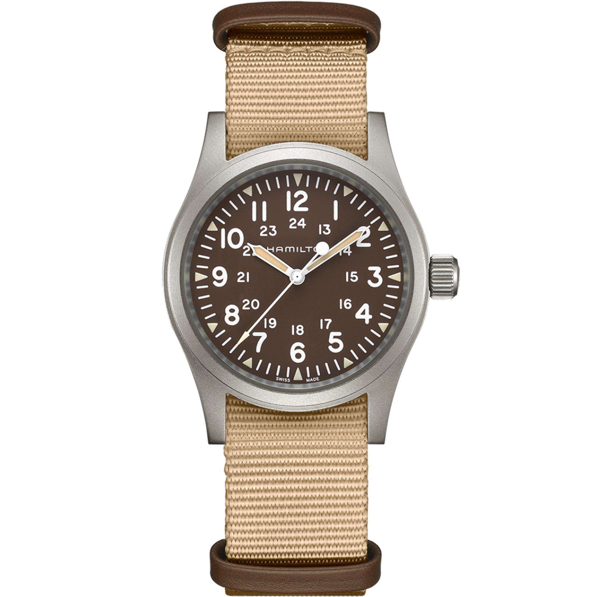 Hamilton Khaki Field 38mm 1960er Jahre Nachbildung Braunes Zifferblatt NATO Herren Mechanische Uhr H69439901