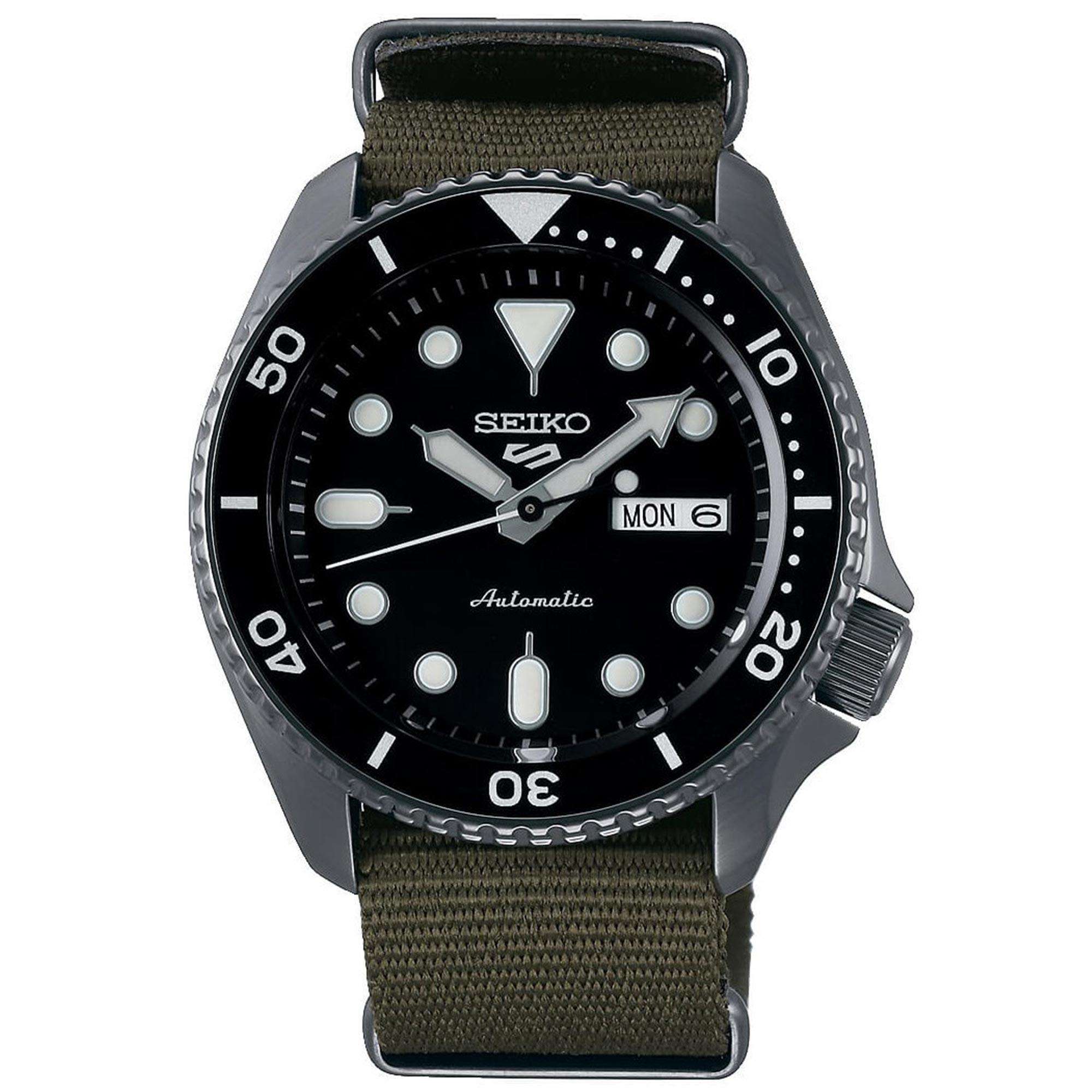 Seiko 5 Sports Automatik Schwarzes Zifferblatt Grünes NATO Armband Herren Uhr SRPD65K4