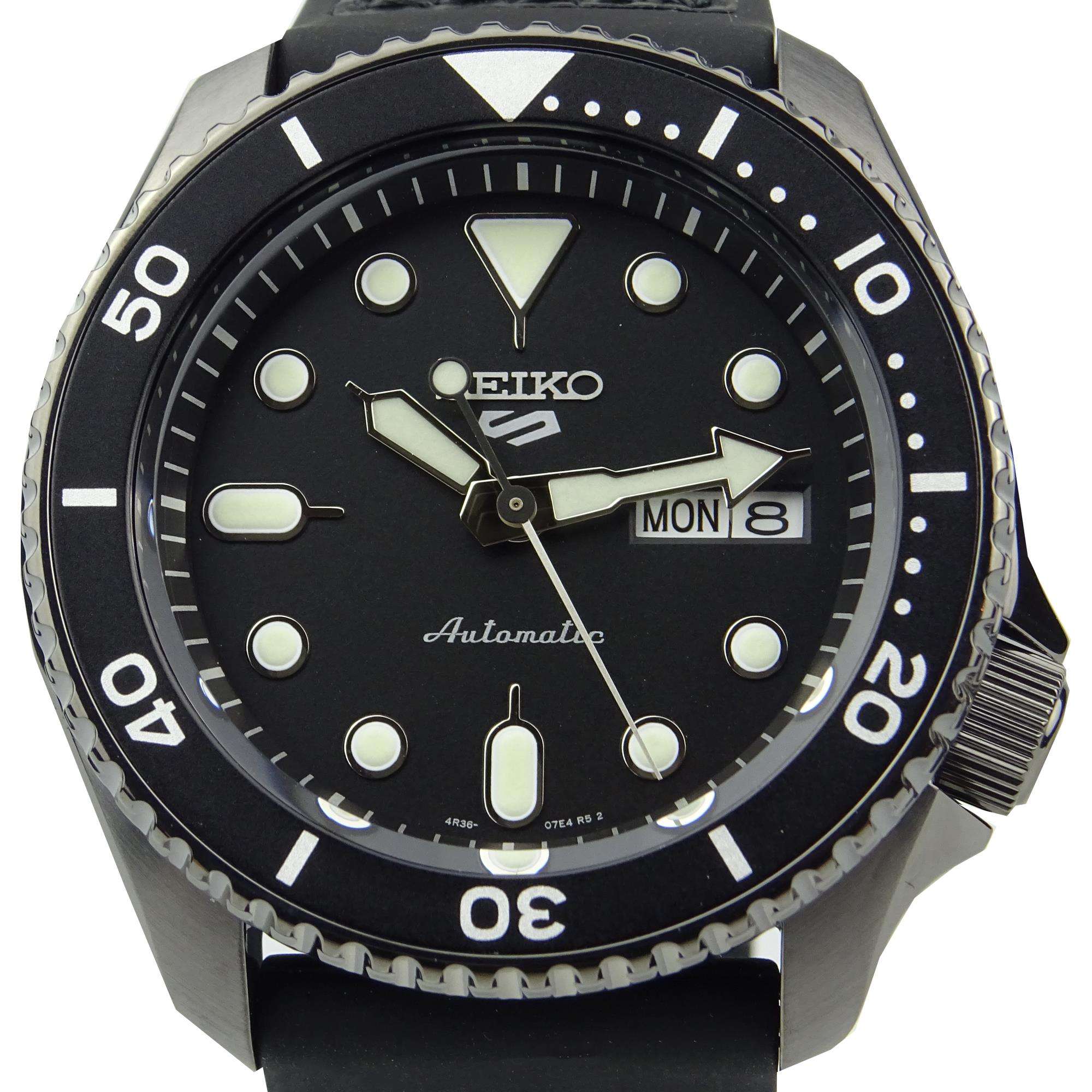 Seiko 5 Sports Automatik Schwarzes Zifferblatt Schwarzes Lederarmband Herren Uhr SRPD65K3