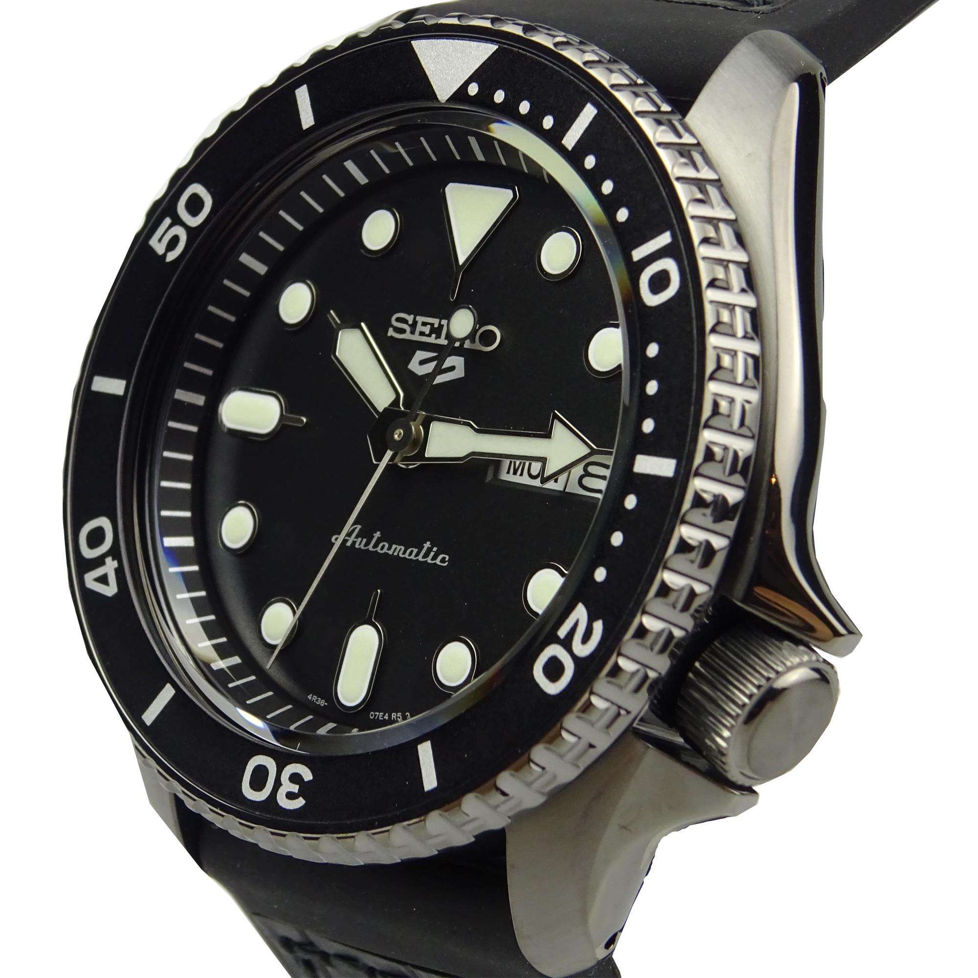 Seiko 5 Sports Automatik Schwarzes Zifferblatt Schwarzes Lederarmband Herren Uhr SRPD65K3