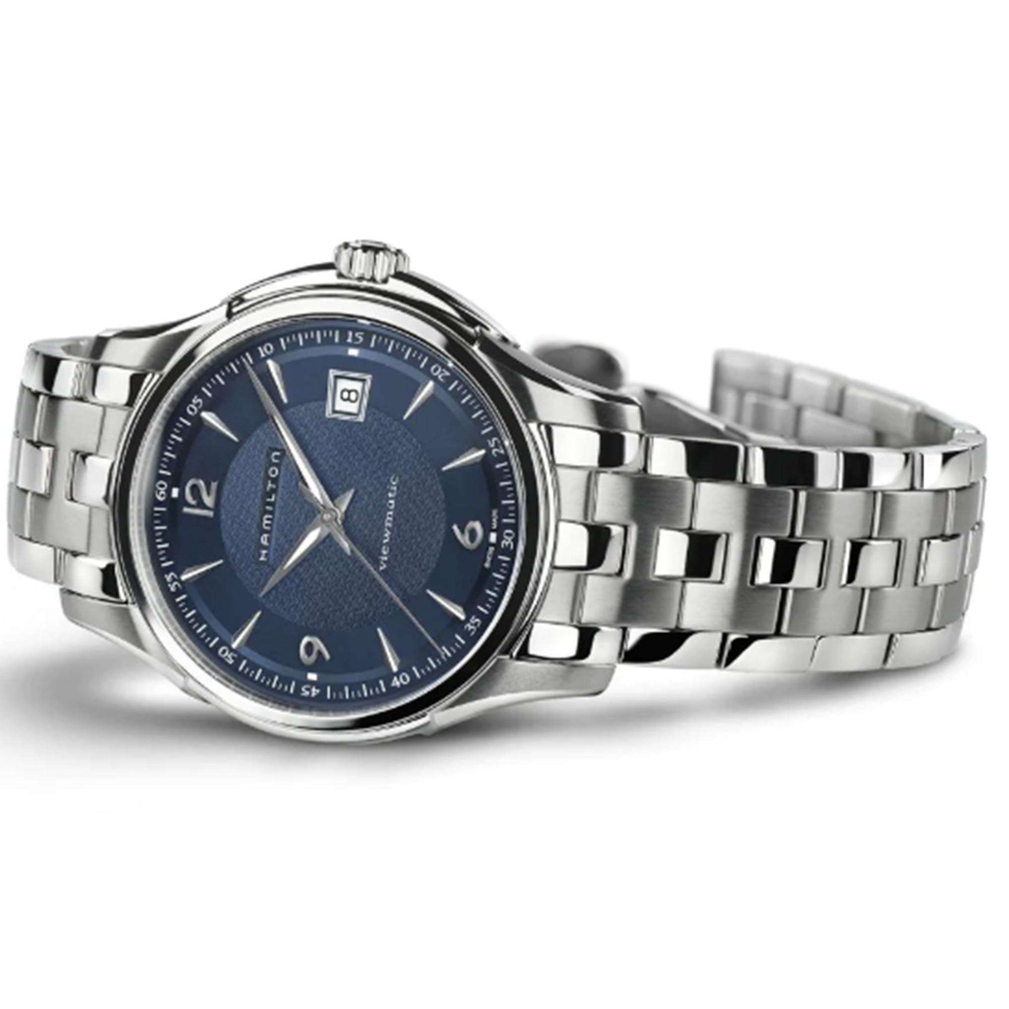 Silver watch with a blue face on a white background