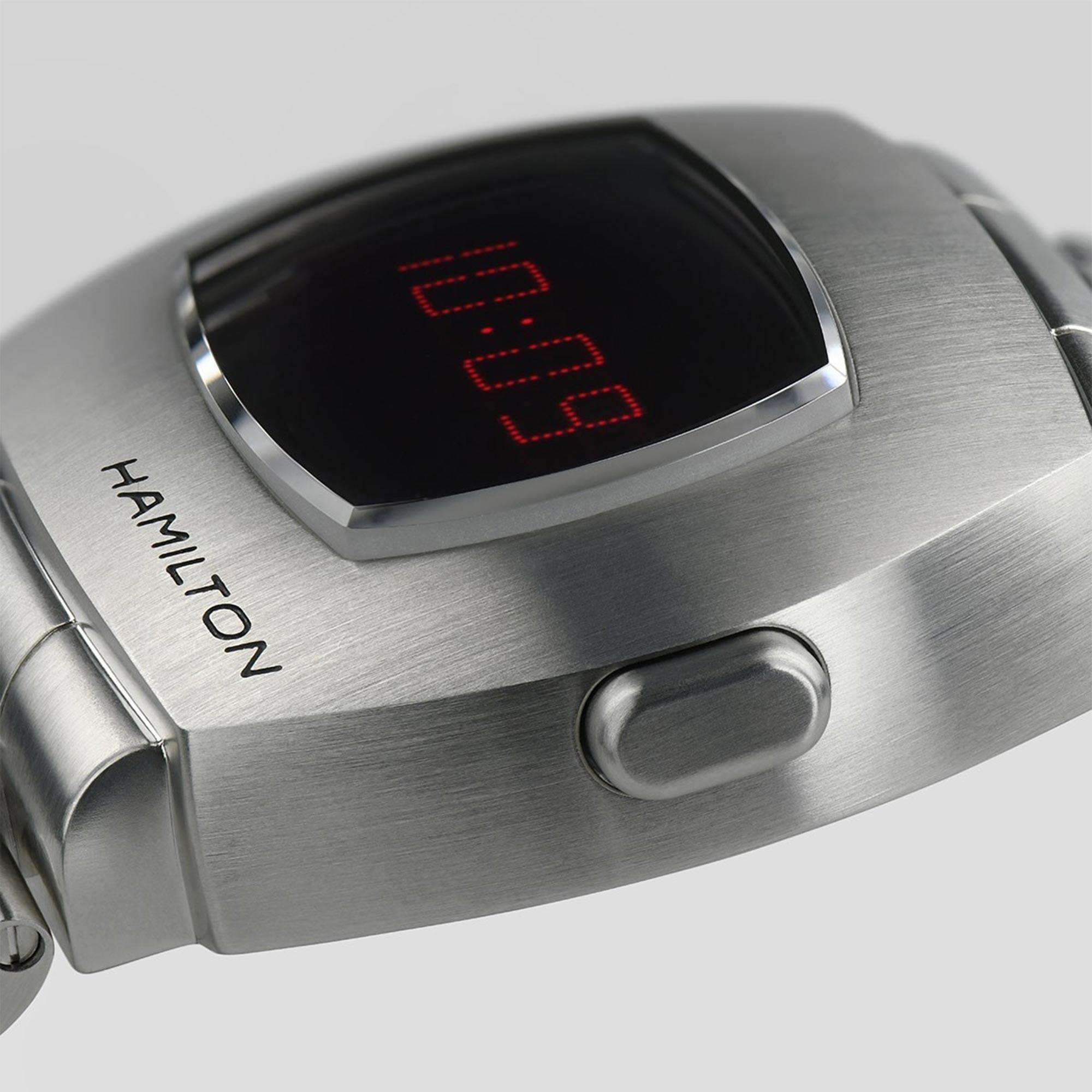 Hamilton H52414130 hybrid LCD-OLED red digit-dot display with push-button close-up