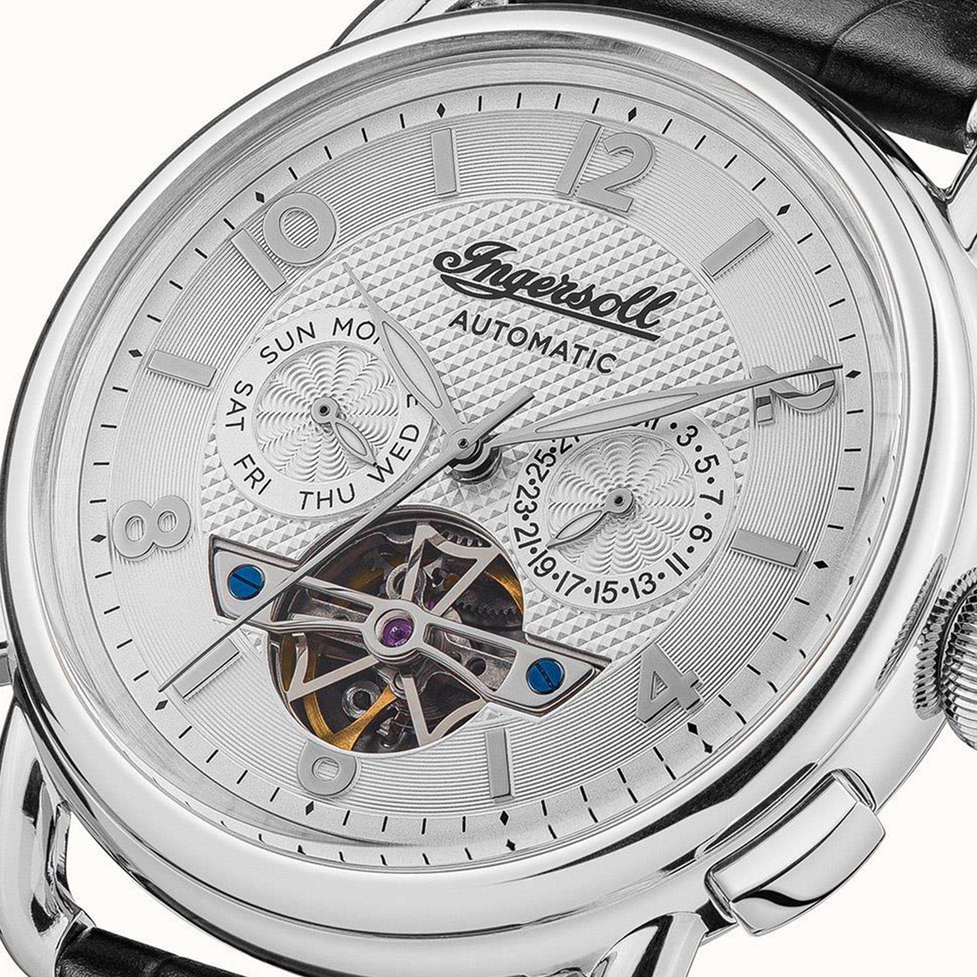 Ingersoll The New England Automatik Silbernes Zifferblatt Schwarzes Lederarmband Herren Uhr I00903B