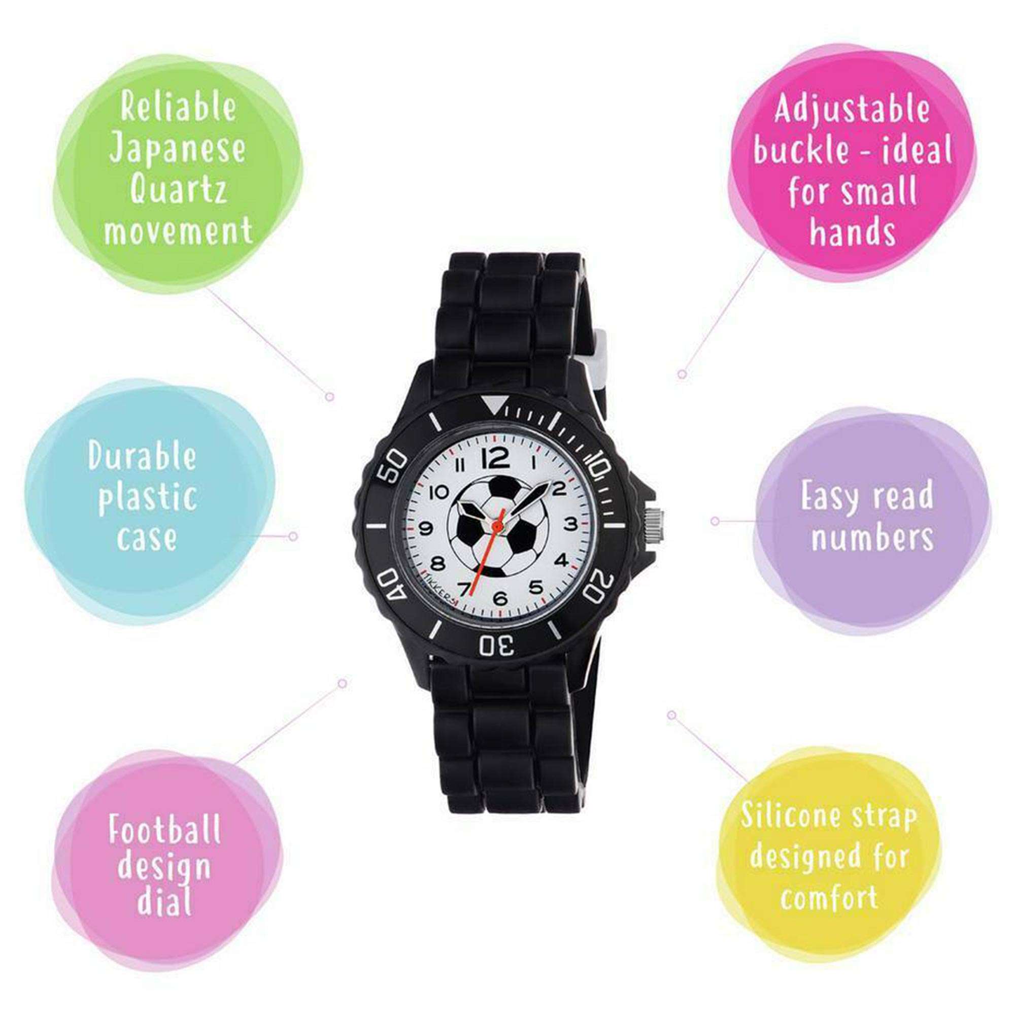 Tikkers Football Quartz White Dial Black Silicone Strap Boys Watch Gift Set ATK1019
