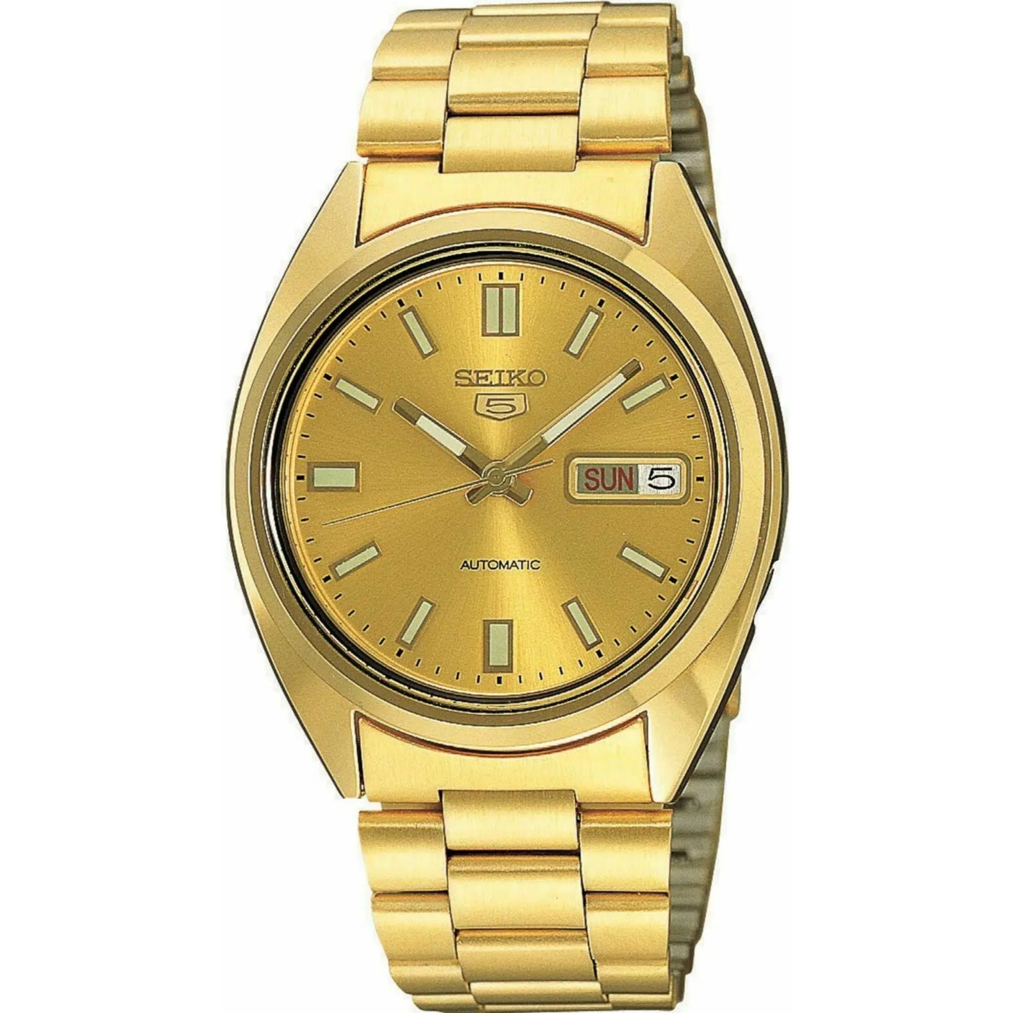 Seiko 5 automatic gold dial steel bracelet men's watch SNXS80K1 front view