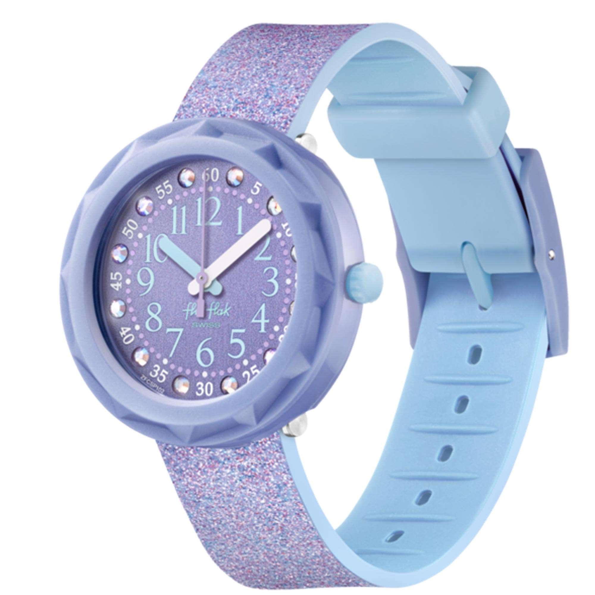 Flik Flak Shine Bright Lilaxus Quarz Bewegung Lila Zifferblatt Silikonarmband Mädchen Uhr FCSP102