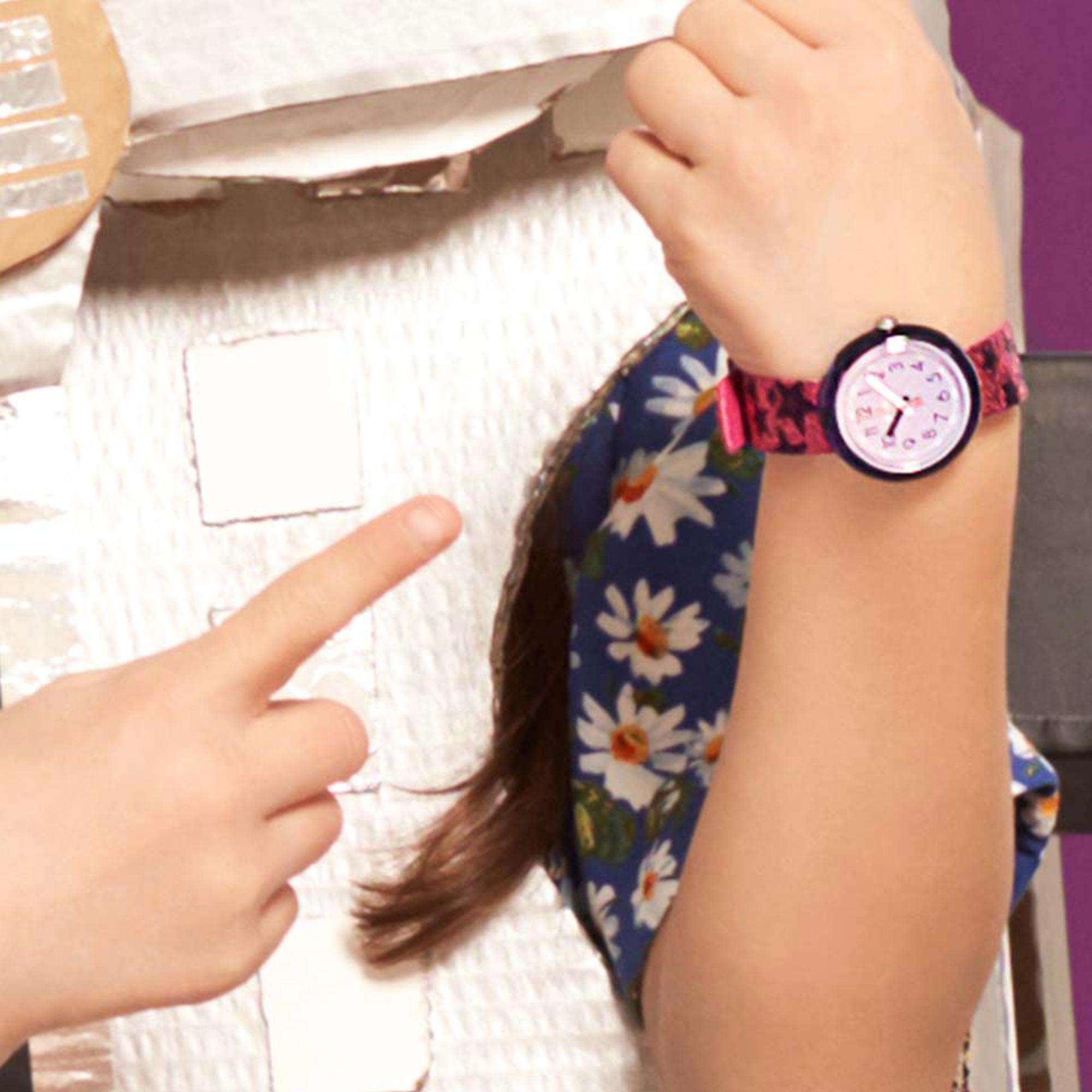 Flik Flak Futuristic Glitter Stars Quartz Movement Purple Dial Textile Bracelet Girls Watch FPNP054
