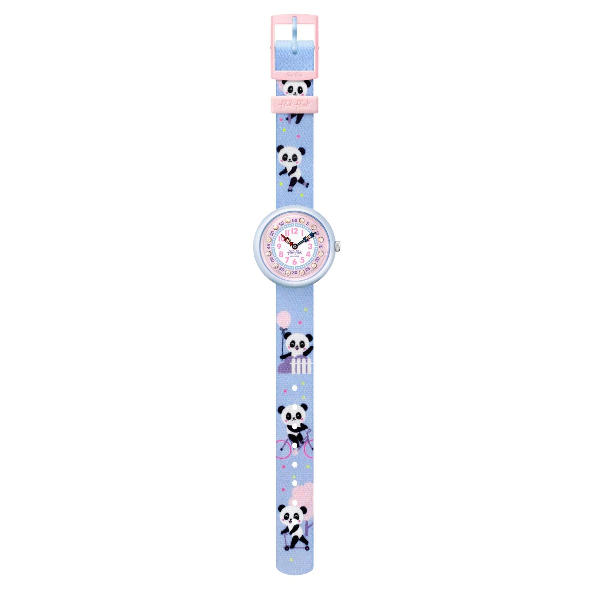 Flik Flak City of Life Pandi Panda Quarz Bewegung Pinkes Zifferblatt Textilarmband Kinder Uhr FBNP163