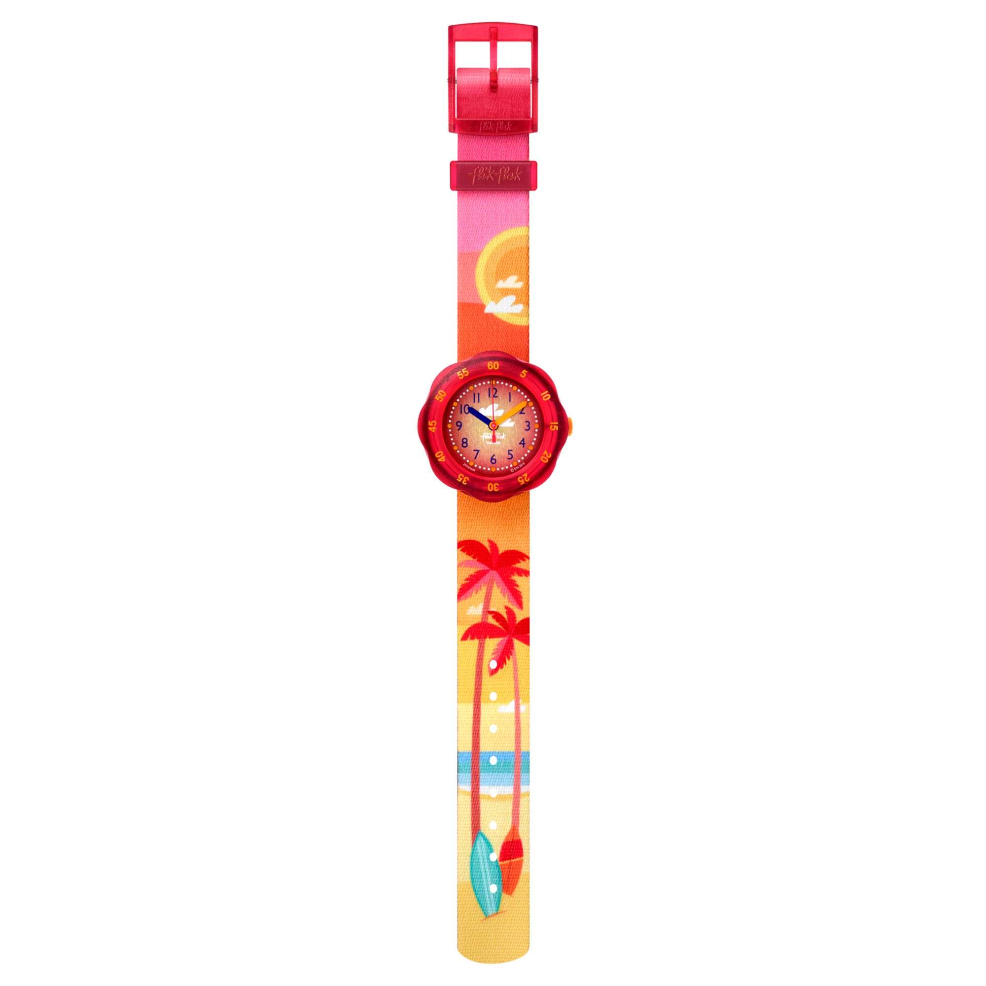 Flik Flak Pool in Miami Palmiboo Quarzwerk Rotes Zifferblatt Textilarmband Kinderuhr FPSP040