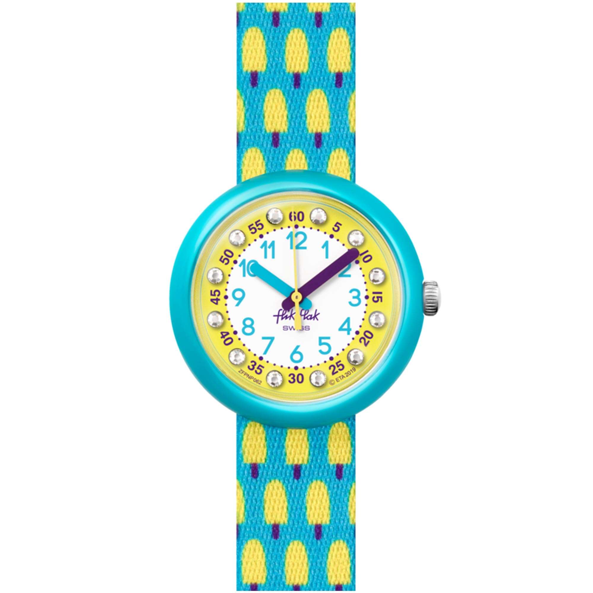 Flik Flak Pool in Miami Lemon Freeze Quartz Movement Yellow Dial Textile Bracelet Kids Watch FBNP164