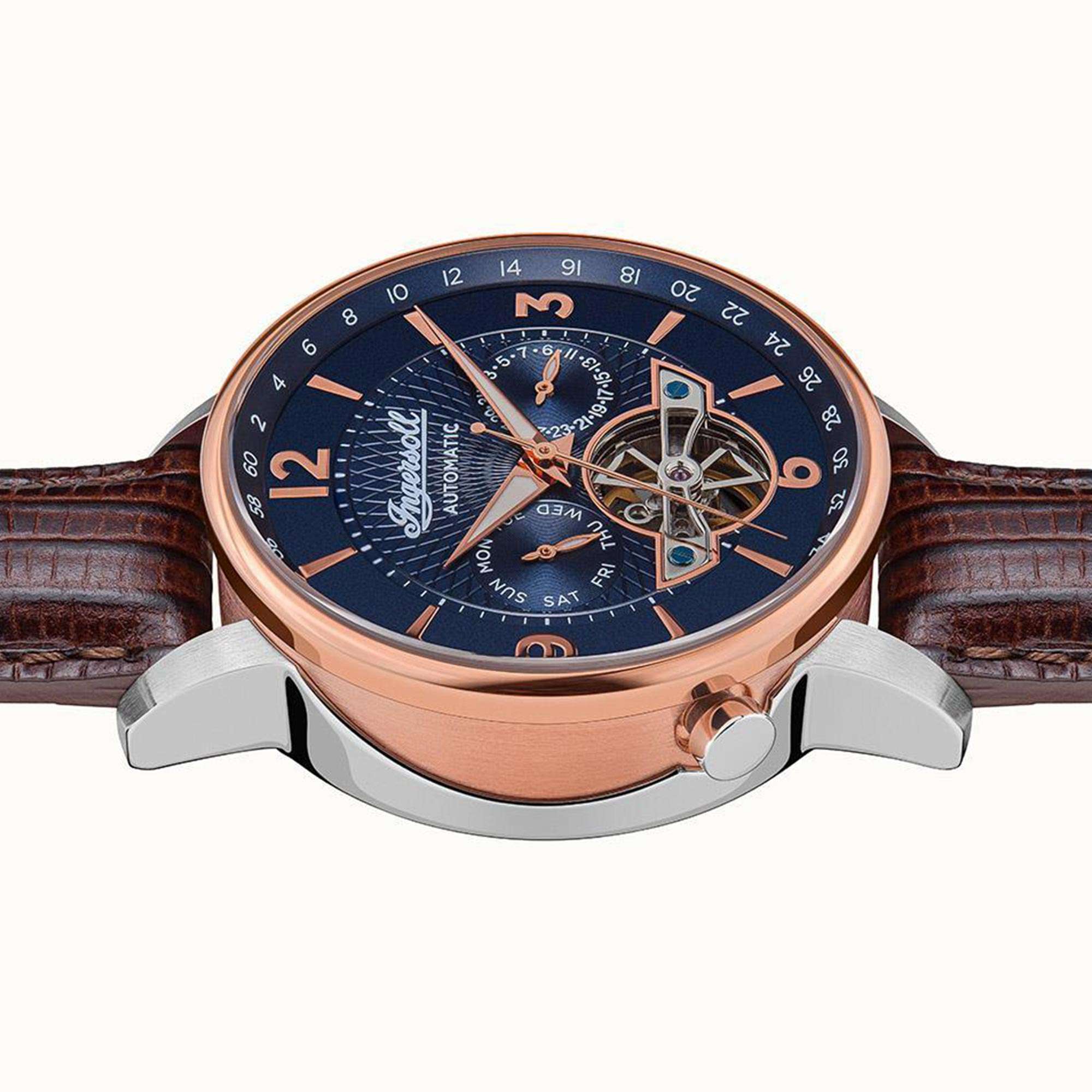 Ingersoll The Grafton Automatik Blaues Zifferblatt Braunes Lederarmband Herren Uhr I00703B