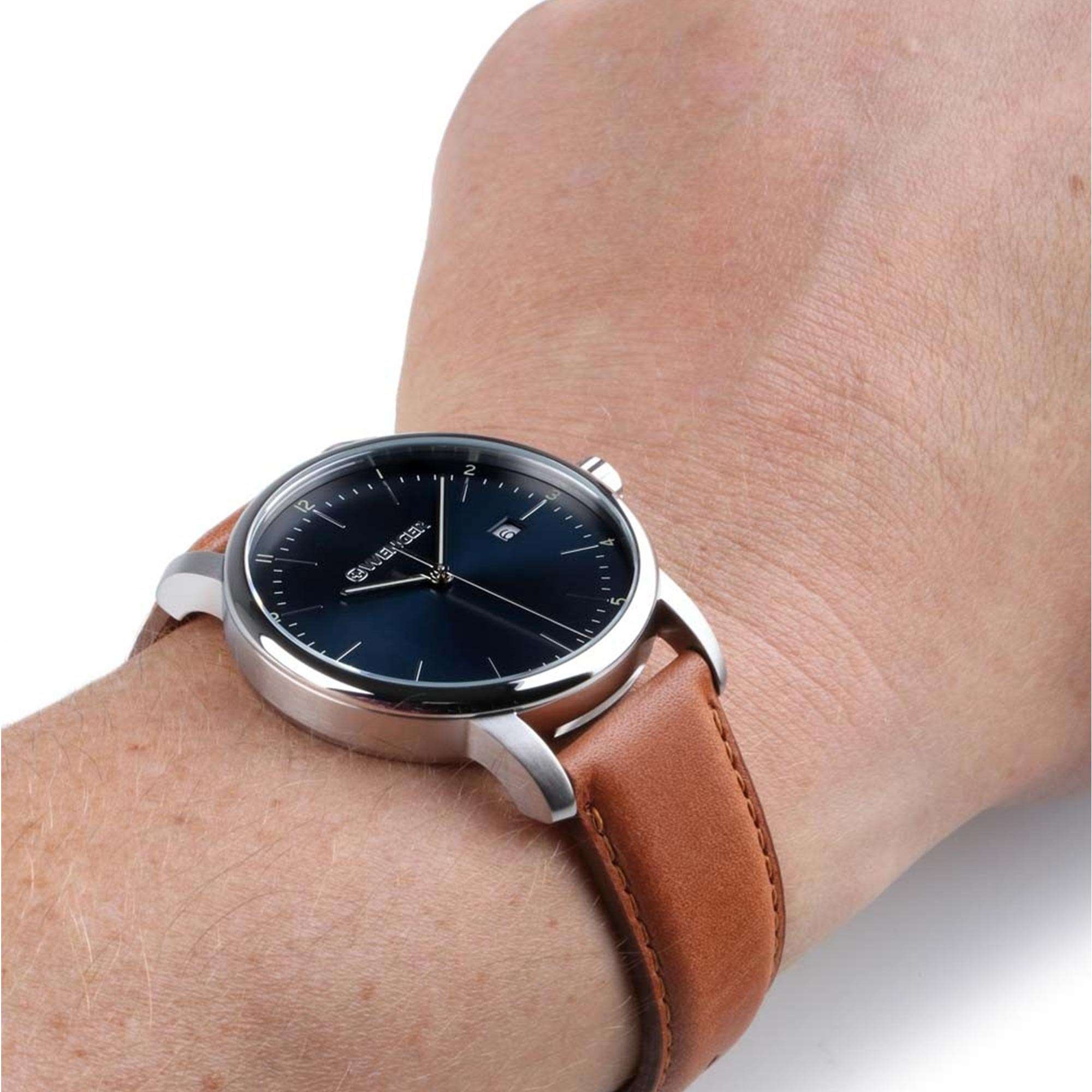 Wenger Urban Classic Quarz Blaues Zifferblatt Braunes Lederarmband Herren Uhr 01.1741.111