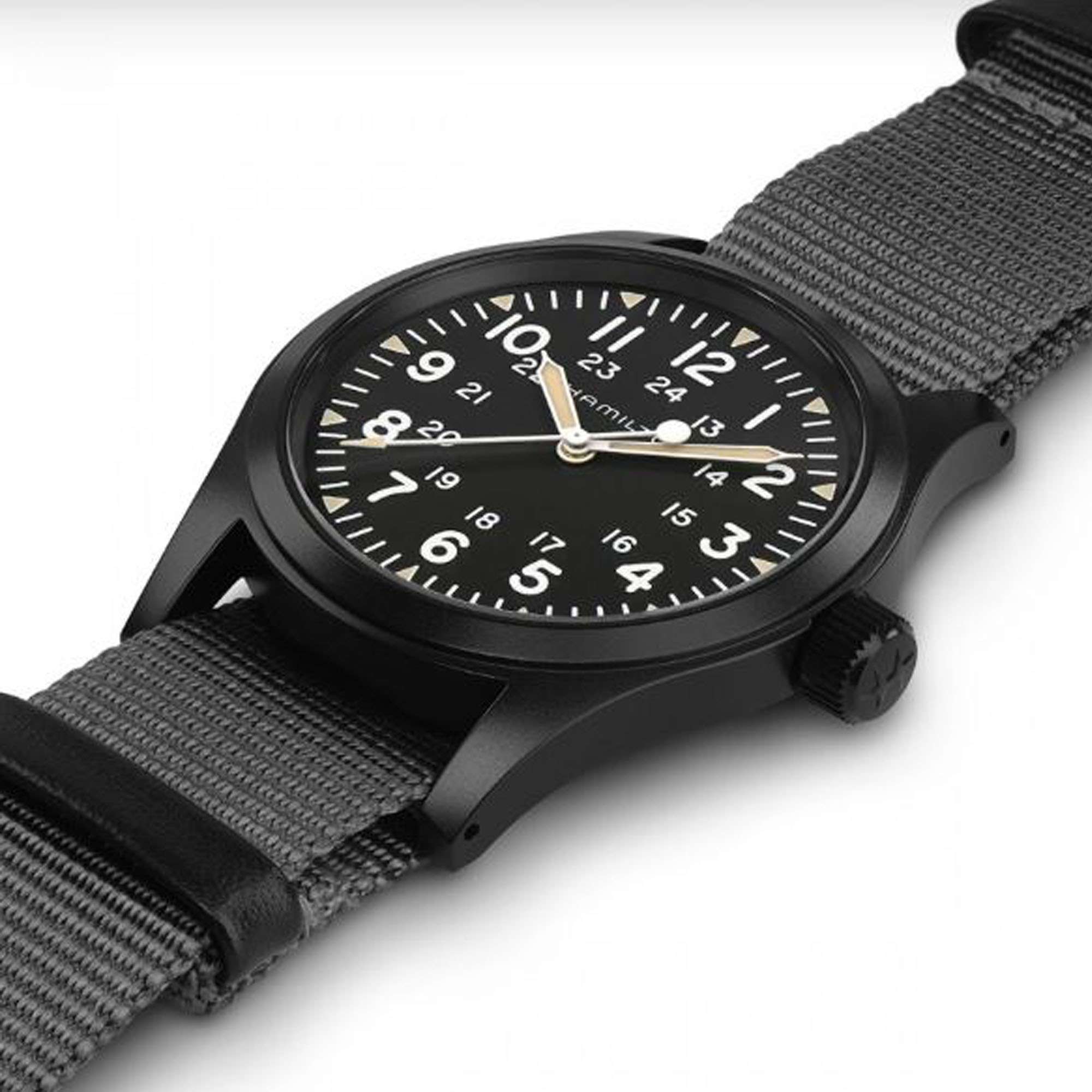 Hamilton Khaki Field H69409930 black dial with 12/24-hour Arabic numerals close-up