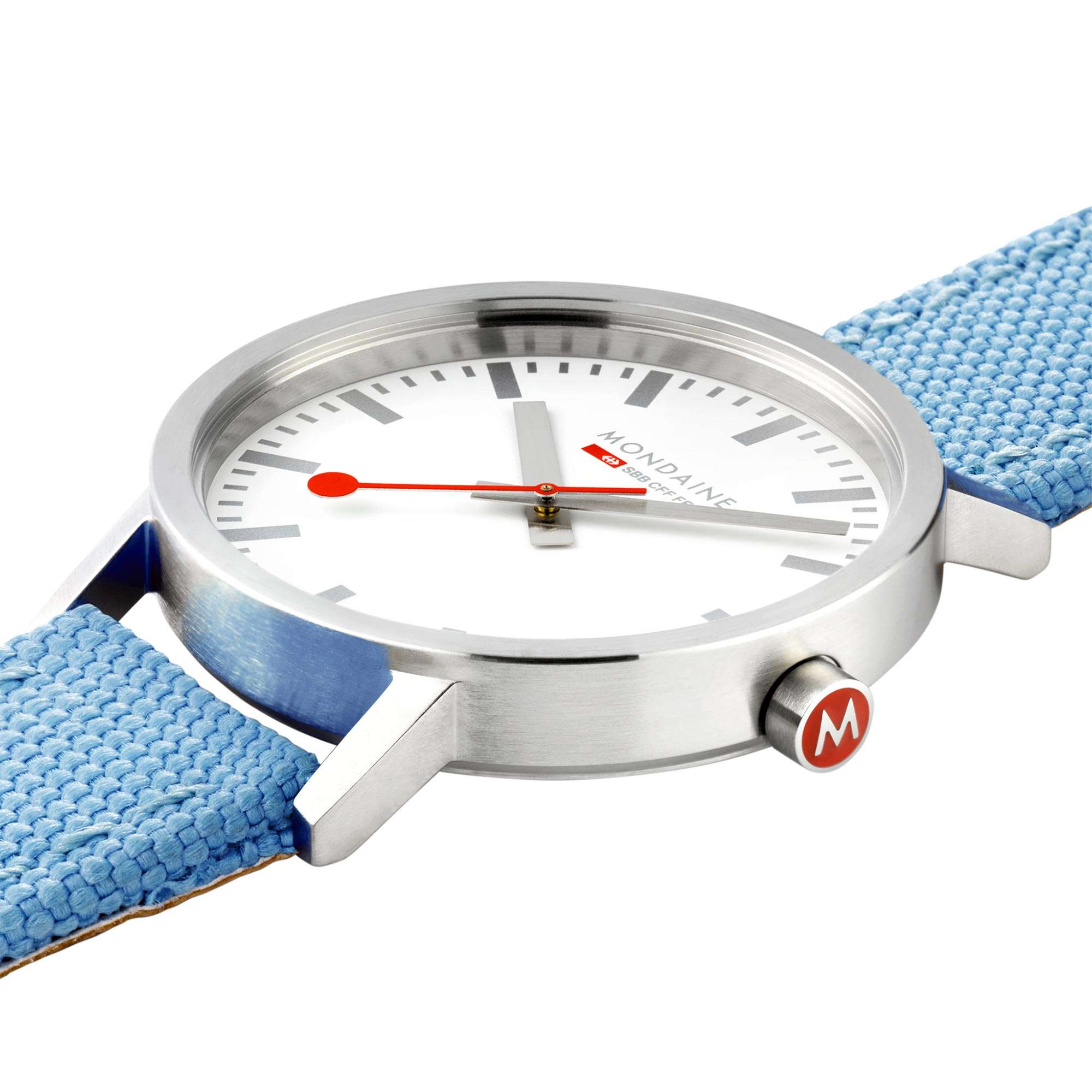 Mondaine Classic Quartz Weißes Zifferblatt Aqua Blaues Textilarmband Uhr A660.30360.17SBQ
