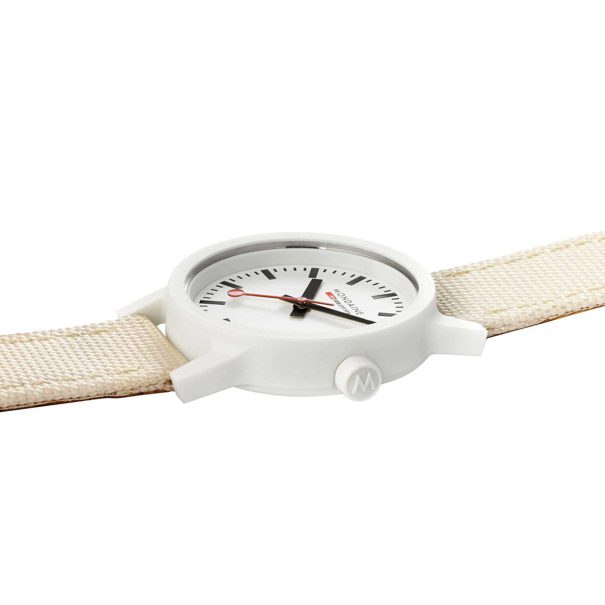 Mondaine Essence Quartz Weißes Zifferblatt Cremefarbenes Textilarmband Uhr MS1.32111.LT