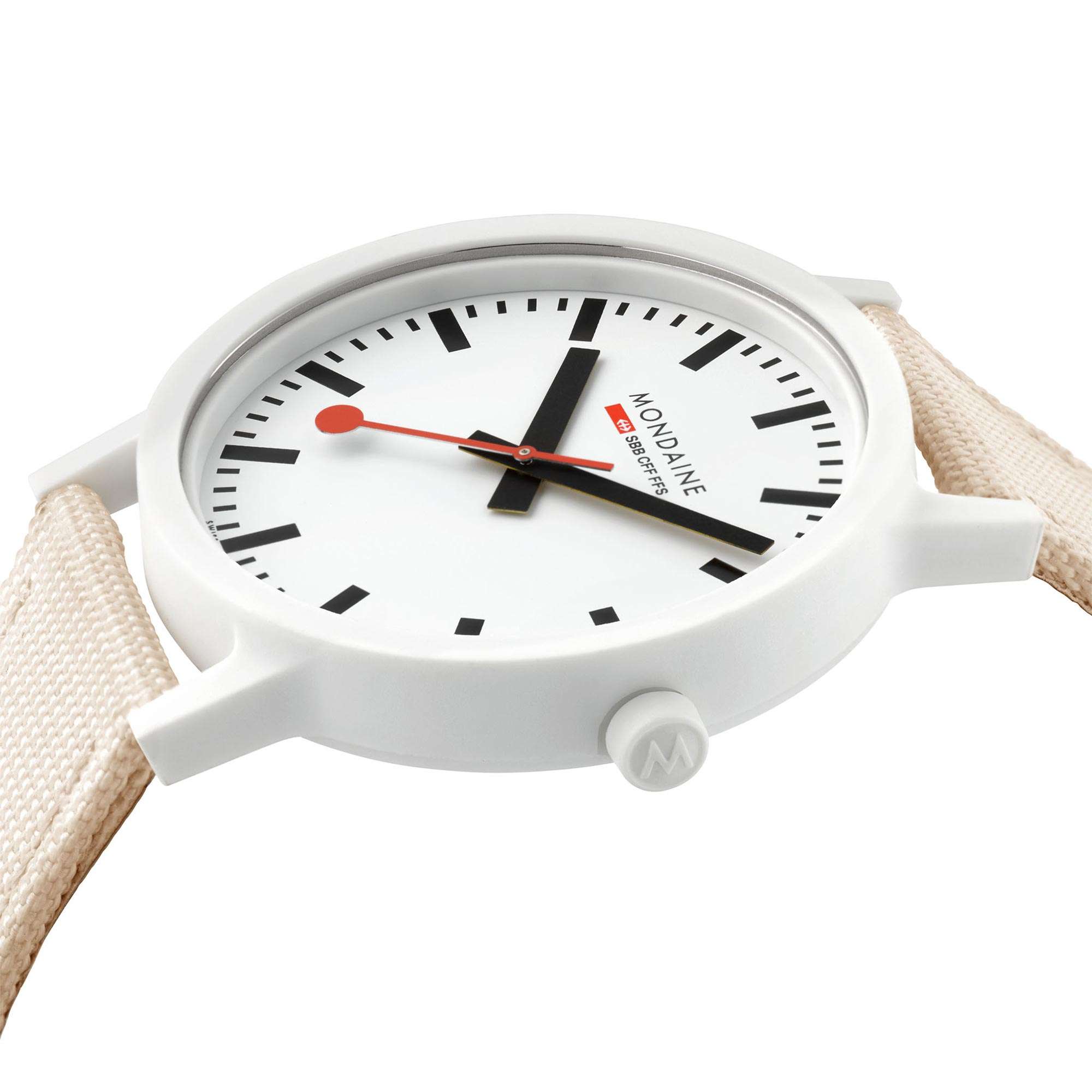 Mondaine Essence Quartz Weißes Zifferblatt Cremefarbenes Textilarmband Uhr MS1.32111.LT