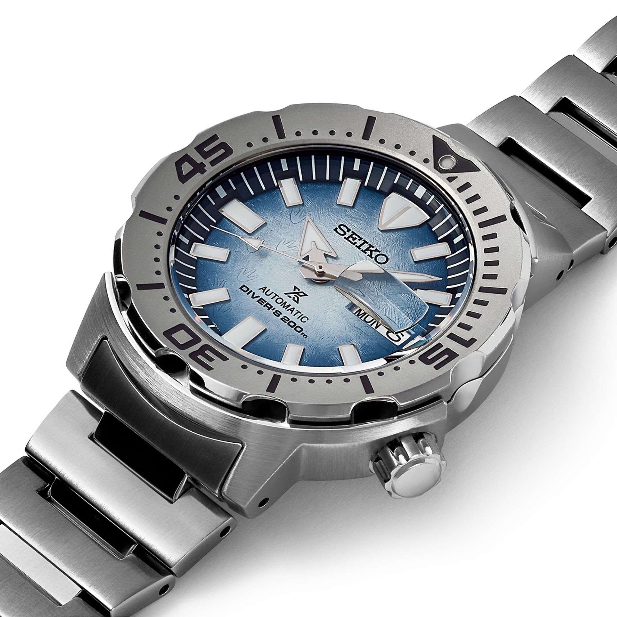 Seiko Prospex Antarctica Monster Save the Ocean Automatik Blaues Zifferblatt Edelstahlarmband Herrenarmbanduhr SRPG57K1