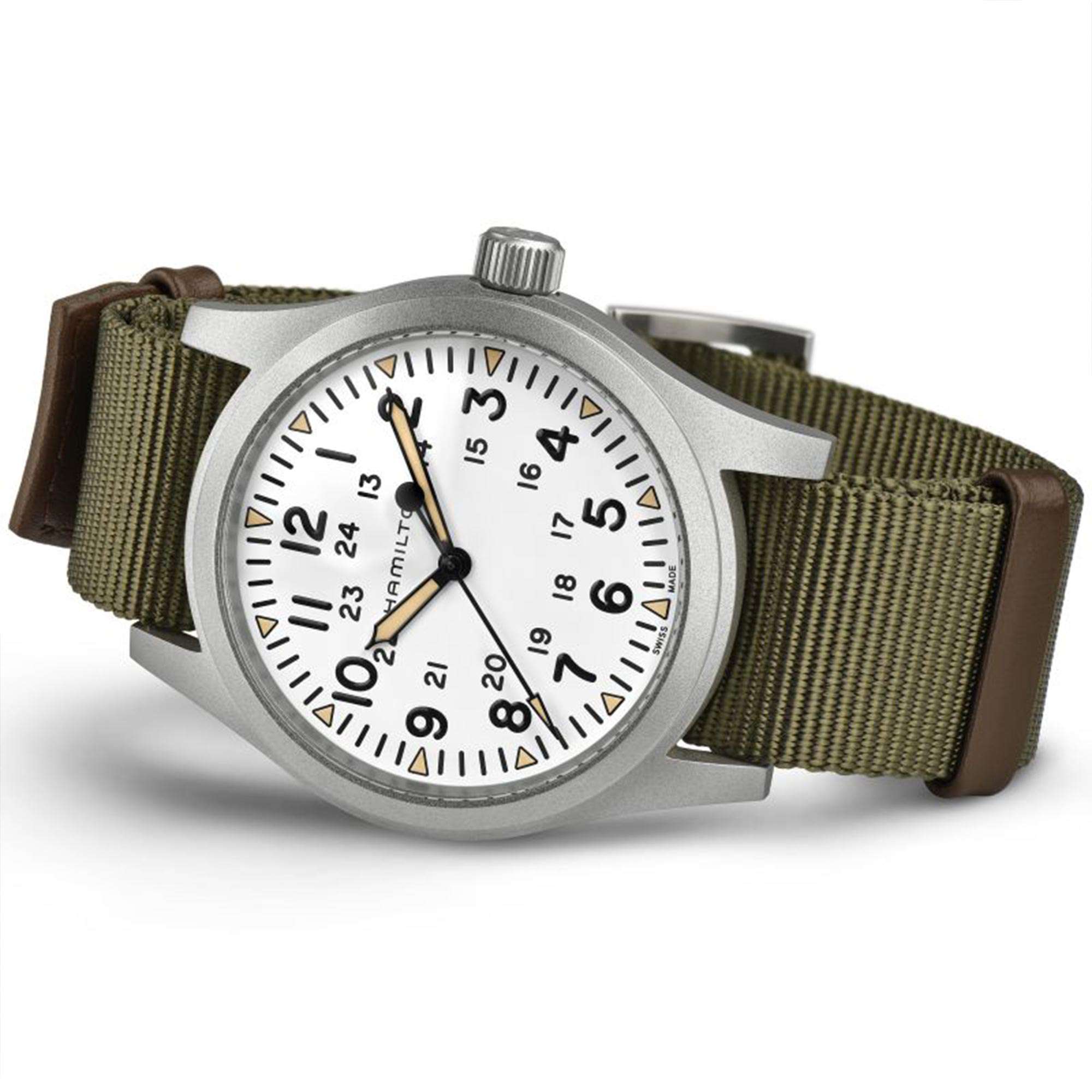 Hamilton Khaki Field H69529913 42mm white dial and olive green NATO strap detail