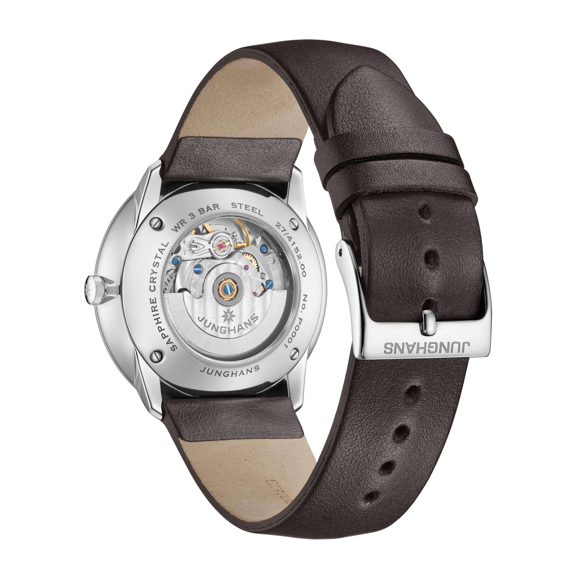 Junghans Meister Fein Automatik Silbernes Zifferblatt Lederarmband Herren Uhr 27/4152.00