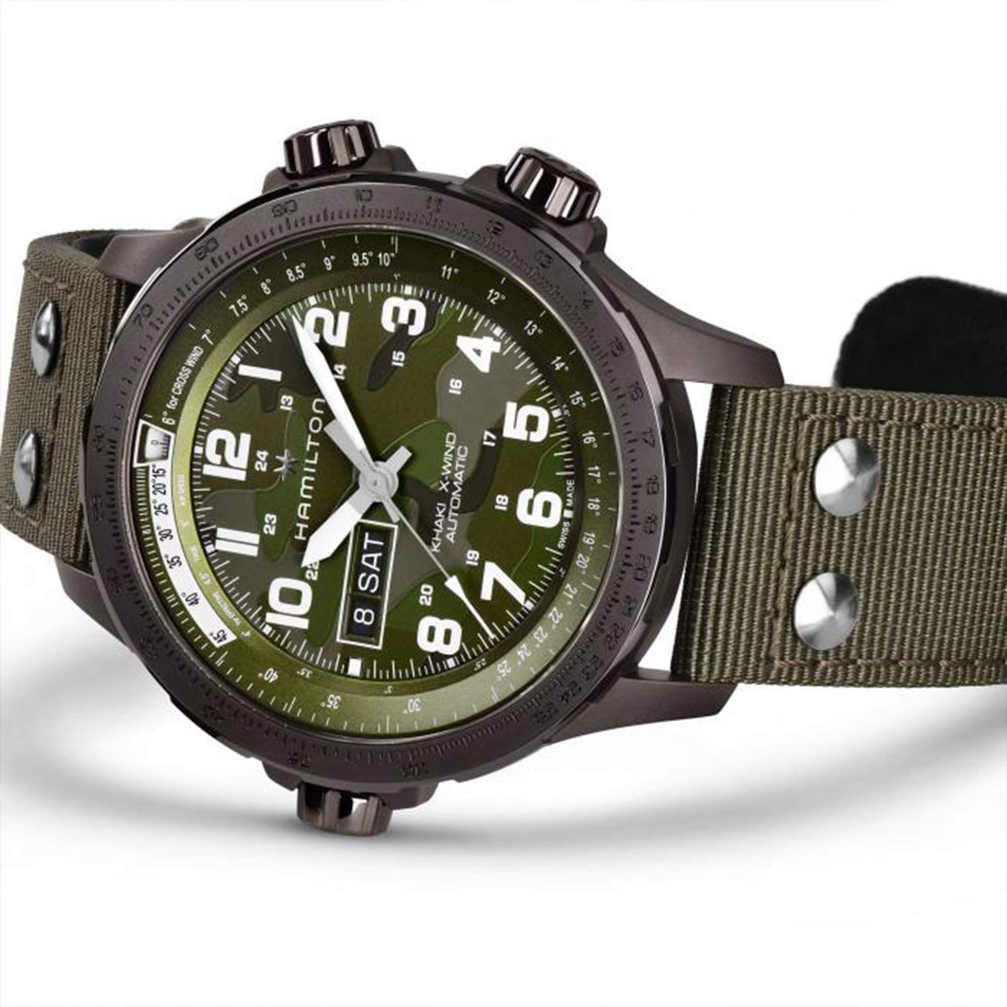 Hamilton Khaki X-Wind watch with a green dial and textile strap