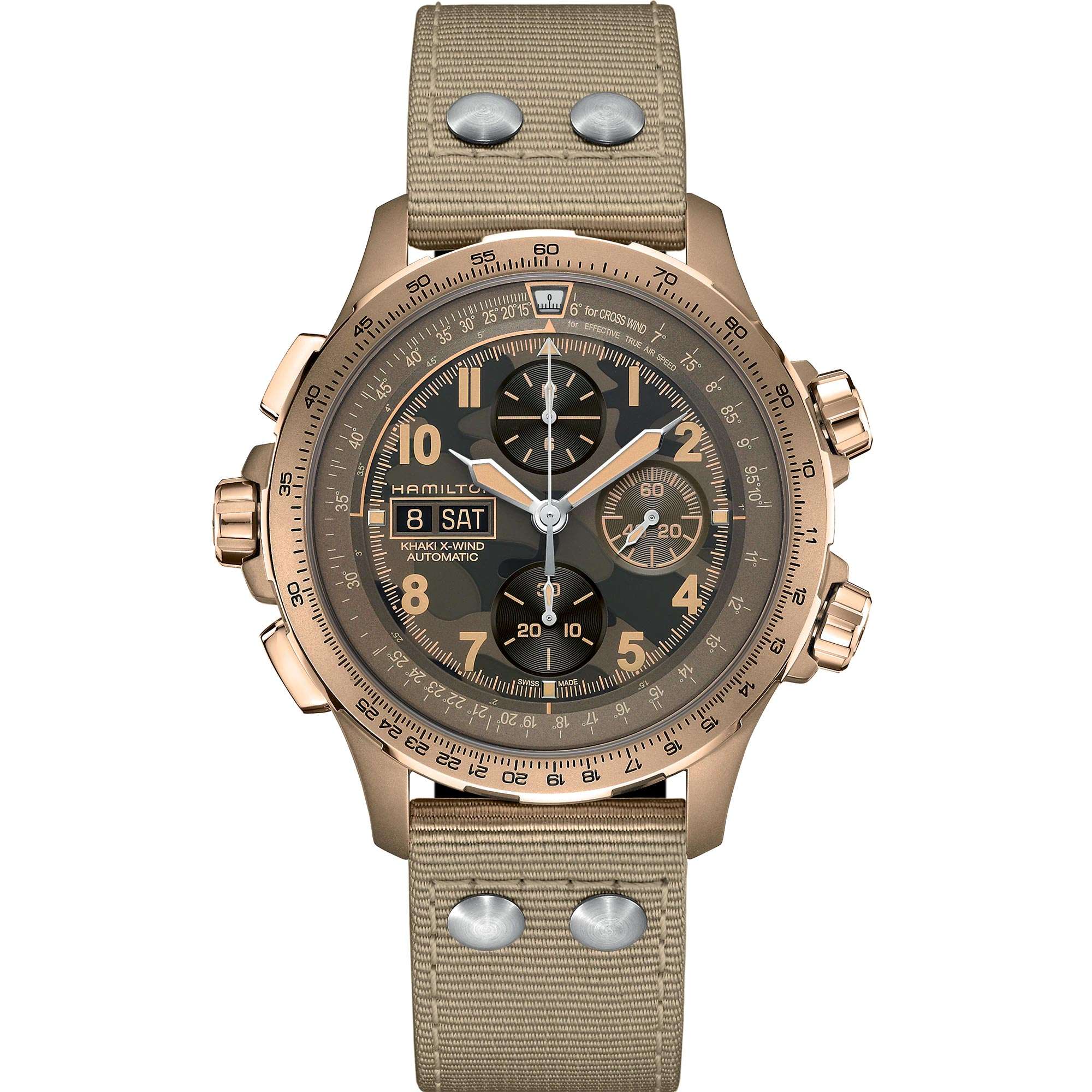 Hamilton Khaki Aviation 45mm chronograph brown dial textile automatic watch H77916920 front view
