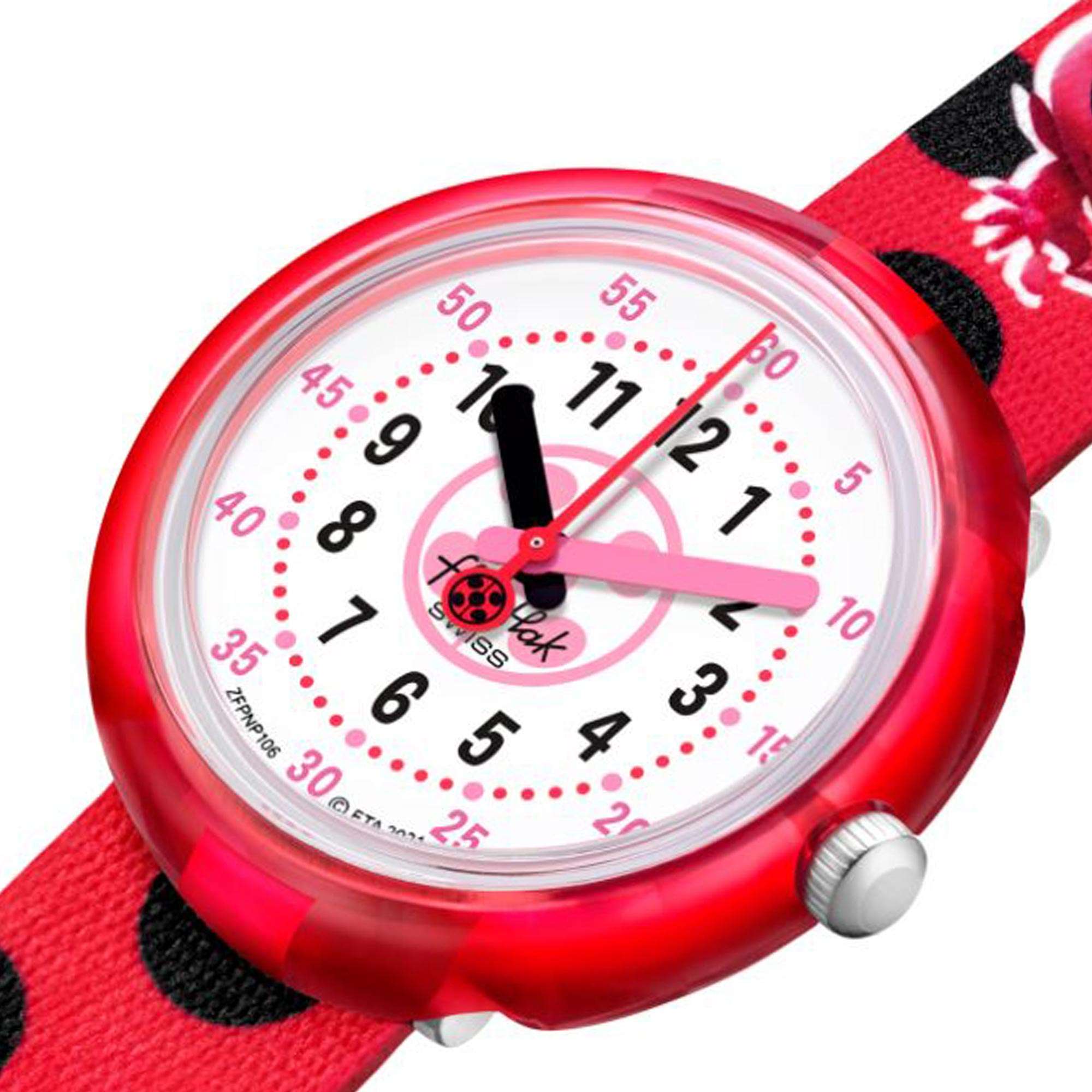 Flik-Flak Marienkäfer Quarz Weißes Zifferblatt Rotes Kunststoffarmband Kinder Uhr FPNP106