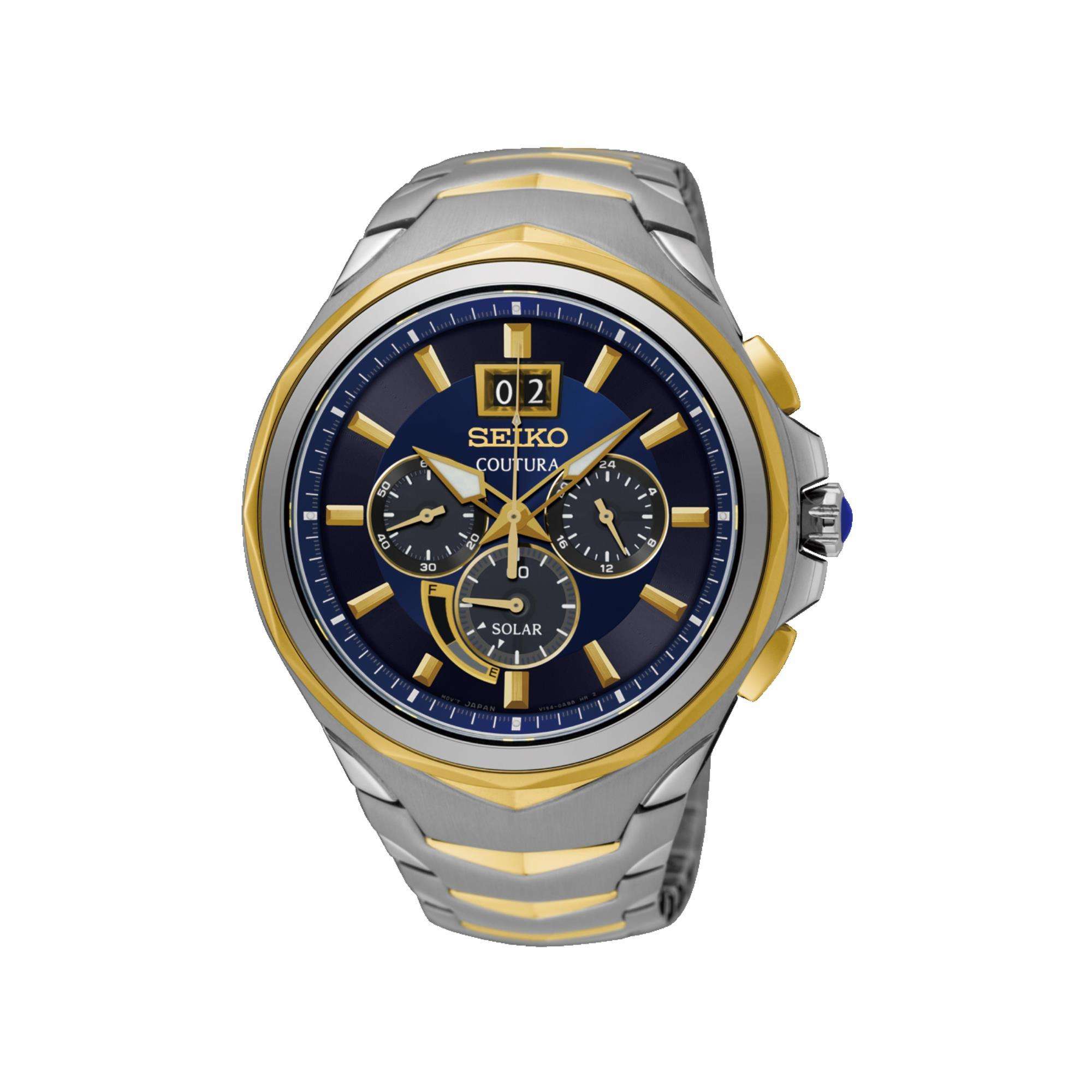 Seiko Coutura Solar Quarz Blaues Zifferblatt Zweifarbig Edelstahl Armband Herren Uhr SSC642P1