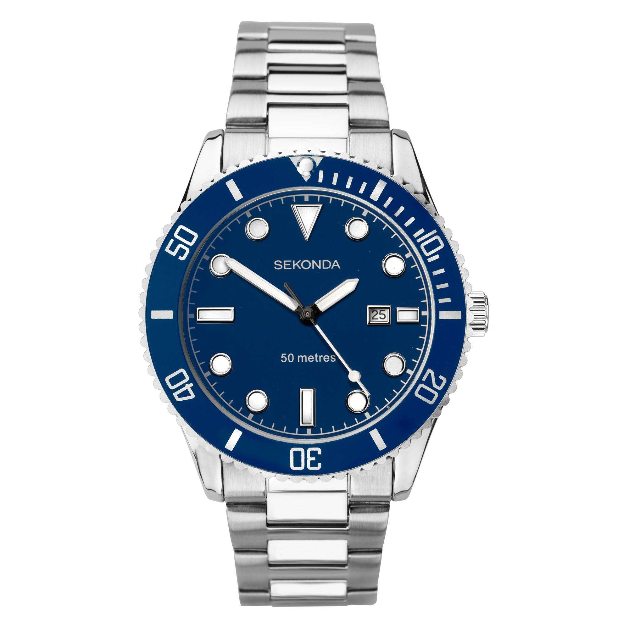Sekonda Sports Herrenarmbanduhr im Taucherstil mit blauem Zifferblatt und Edelstahlarmband 1789