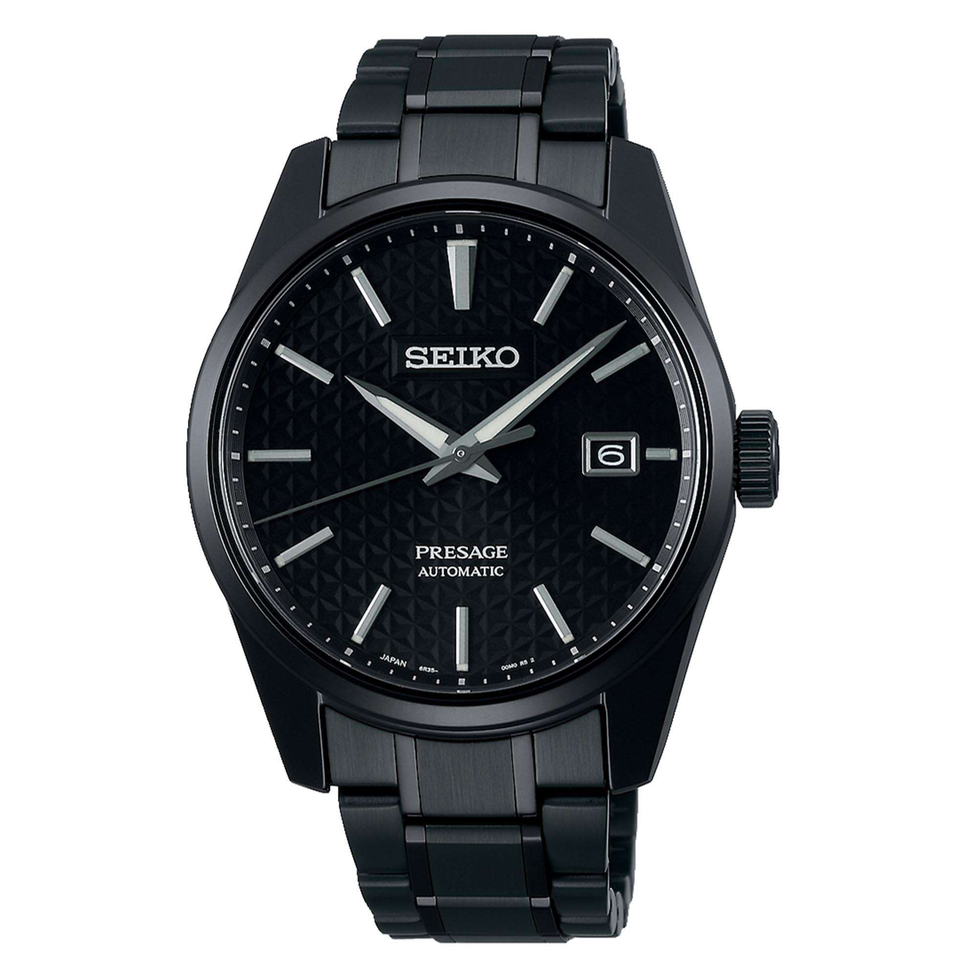 Seiko Presage Sharp Edge Serie Automatik Schwarzes Zifferblatt Schwarzes PVD Silber Edelstahl Herrenarmbanduhr SPB229J1