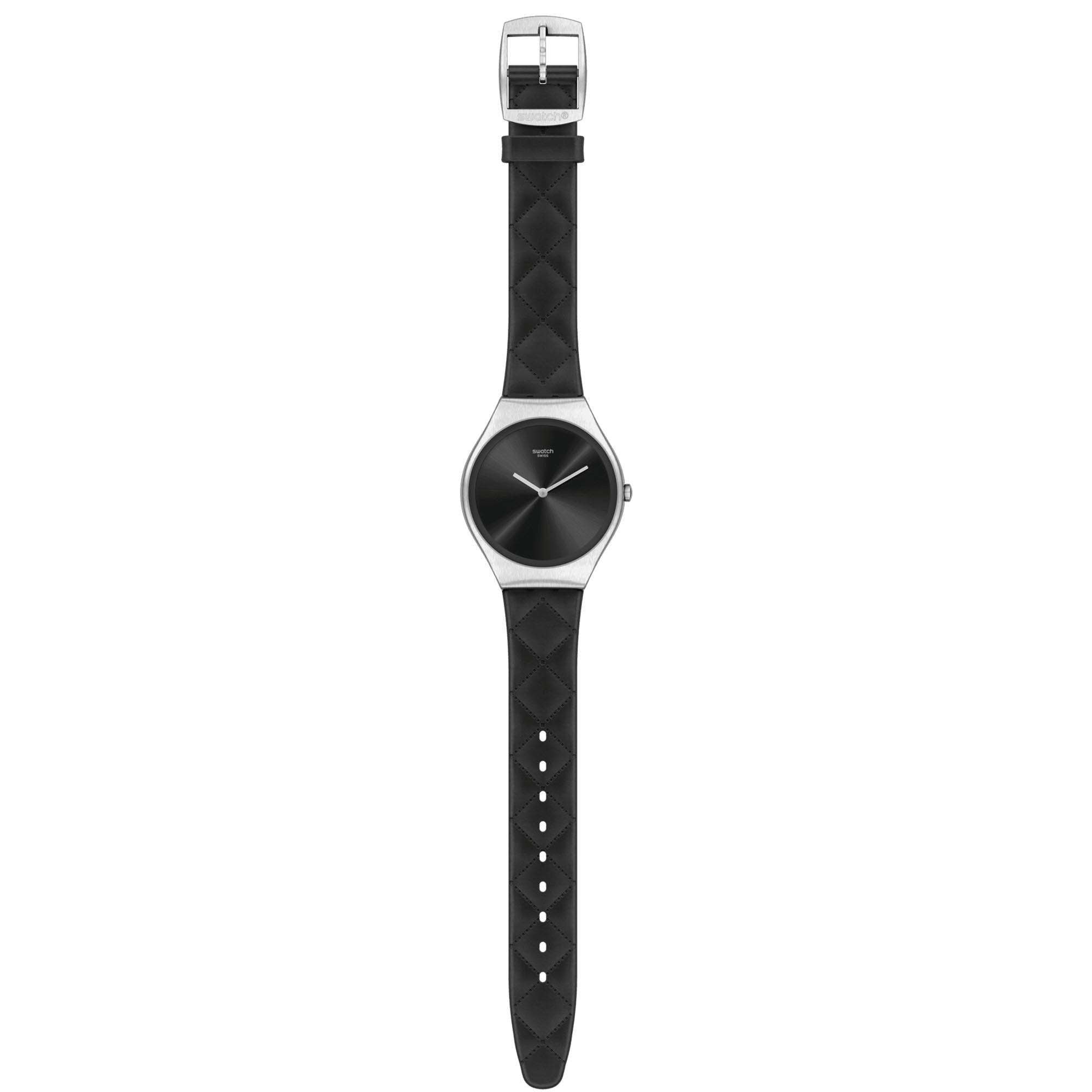 Swatch Schwarze Steppung Quarz Schwarzes Zifferblatt Lederarmband Damenarmbanduhr SYXS136