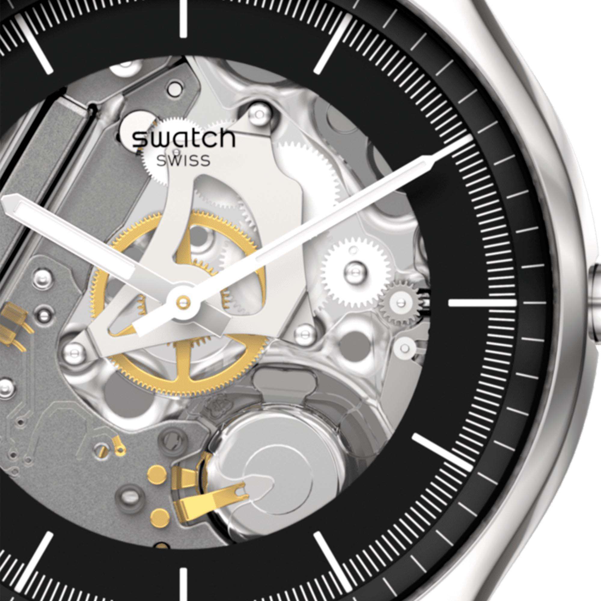 Swatch Black Skeleton Black Dial Leather Strap Watch SS07S115