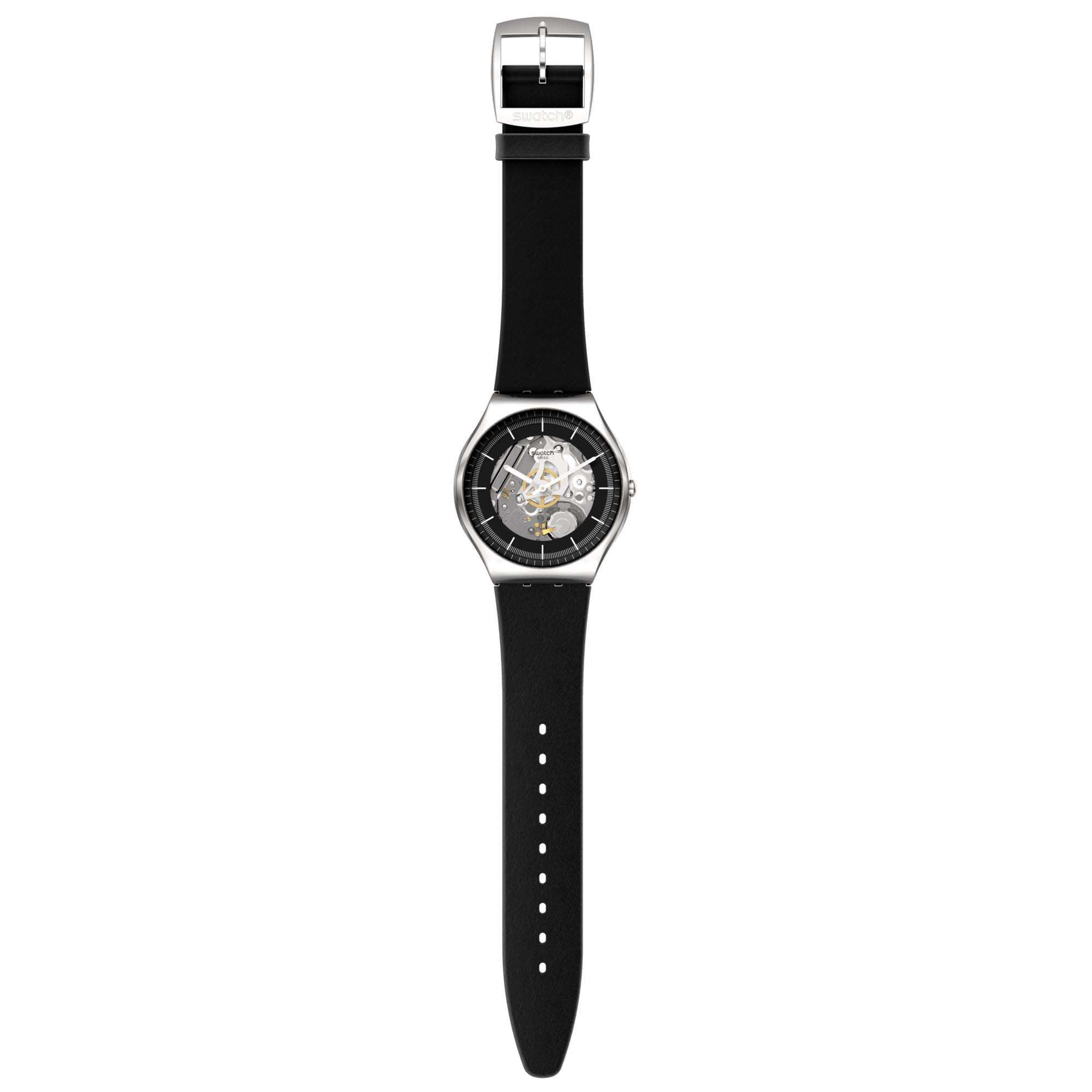 Swatch Black Skeleton Black Dial Leather Strap Watch SS07S115