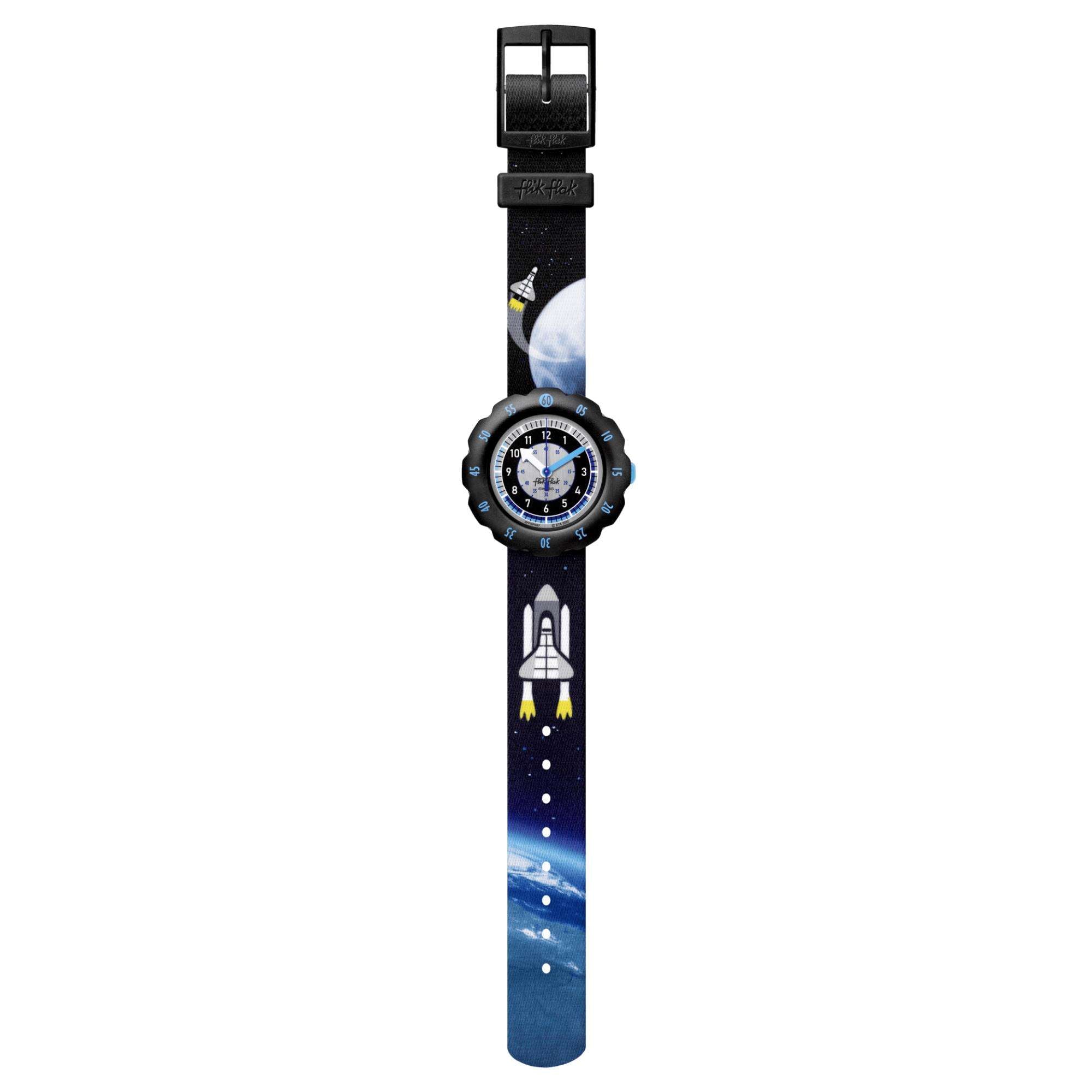 Flik Flak Moon and Back Zweifarbiges Zifferblatt Schwarzer Textilarmband Kinderuhr FPSP057