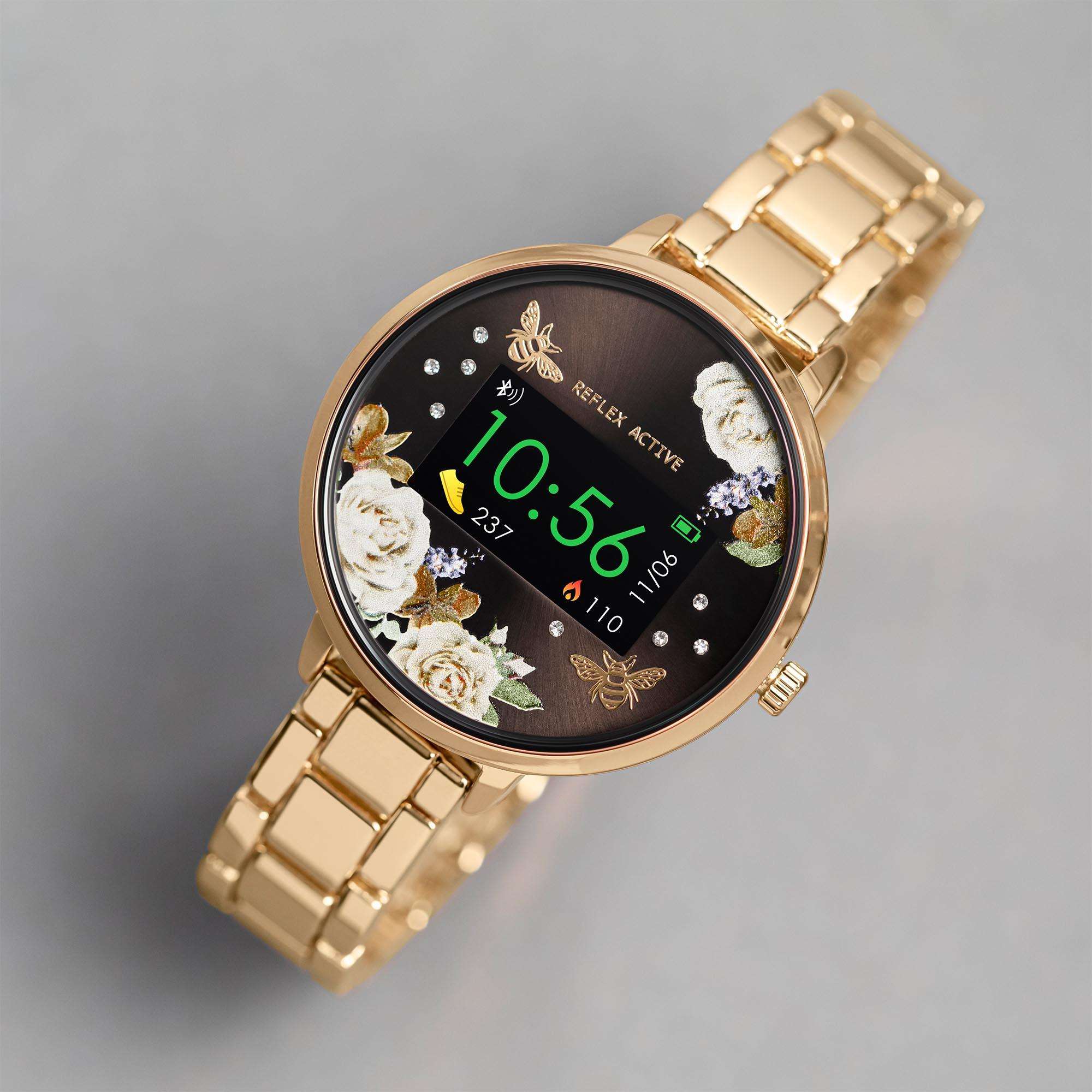 Reflex Active Series 03 Quarz Schwarzes Blumen Gold PVD Edelstahl Armband Damen Smartwatch RA03-4008